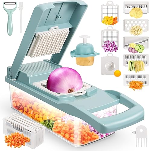 senbowe Ultra-Sharp 420-Grade Hardened Stainless Steel Cortador de Cebolla y Verduras, 8 Cuchillas Intercambiables, Incluye Separador de Clara