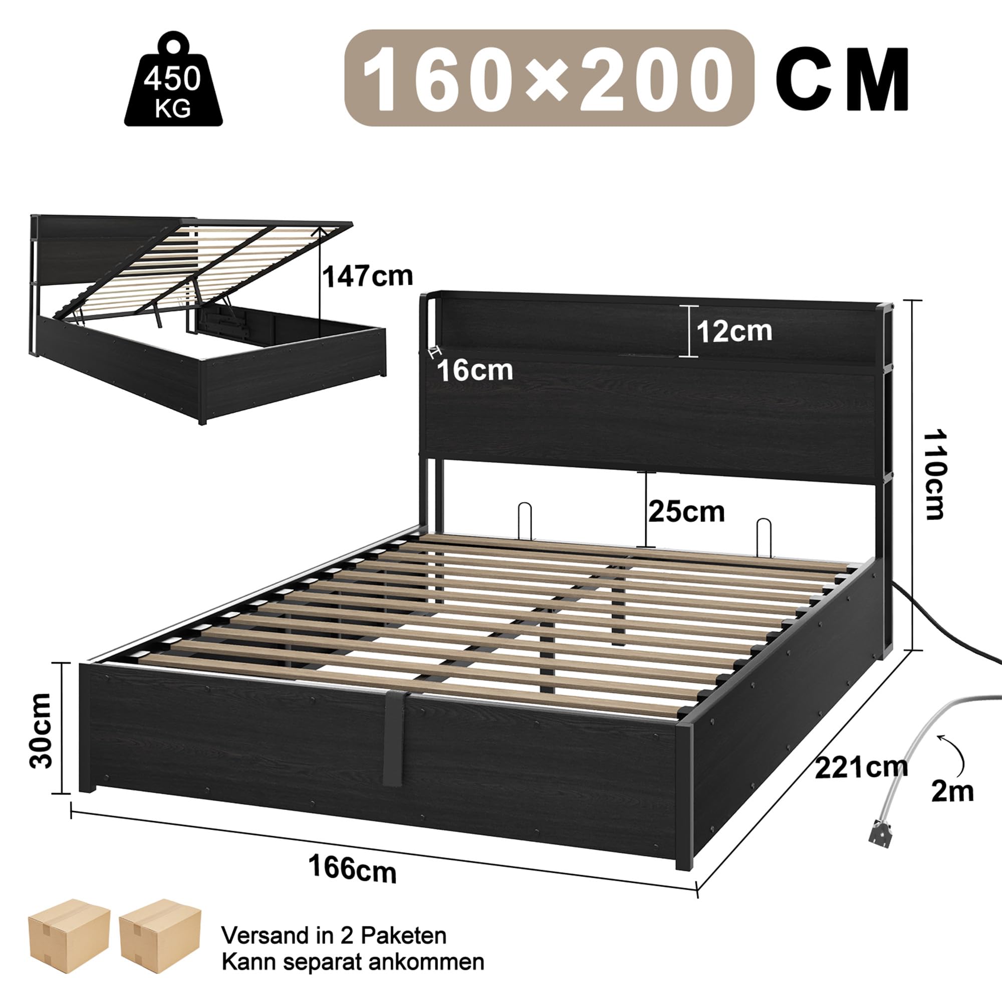 LUXOAK 160 x 200 cm Lift Up Stauraumbettgestell, Holzplattformbettgestell mit Hebefunktion, Stauraum und Ladestation, Keine Federung erforderlich, Geräuschlos, Schwarz, Ohne Matratze