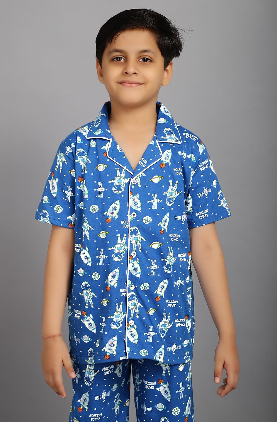Ninos Dreams Space Mission Printed Collared Half Sleeves Boys Night Suit/Boys Night Dress Blue - Image 5 thumbnail