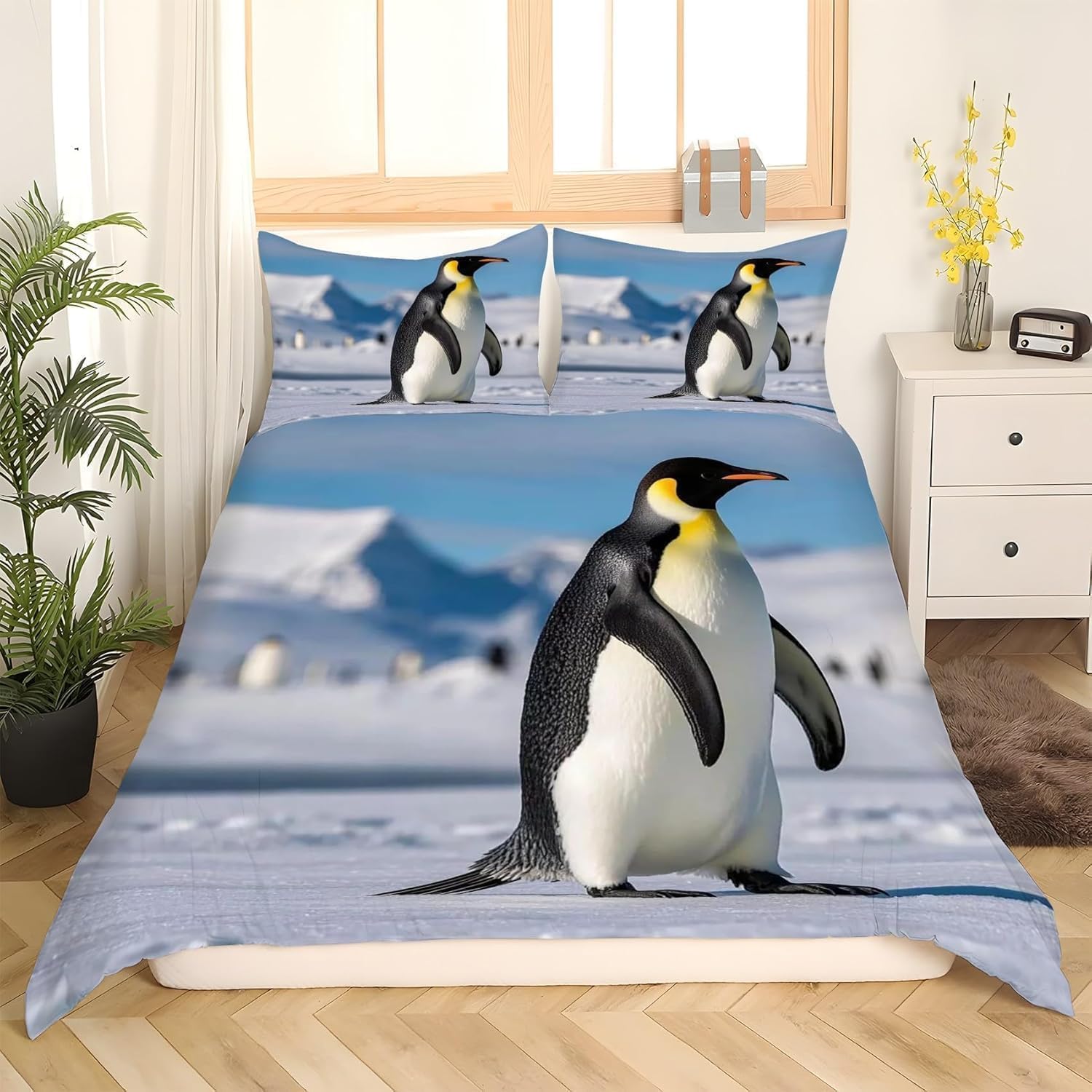 Housse de couette 160x200 pingouin pour lit 1 personne en microfibre douce avec 2 taies d'oreiller