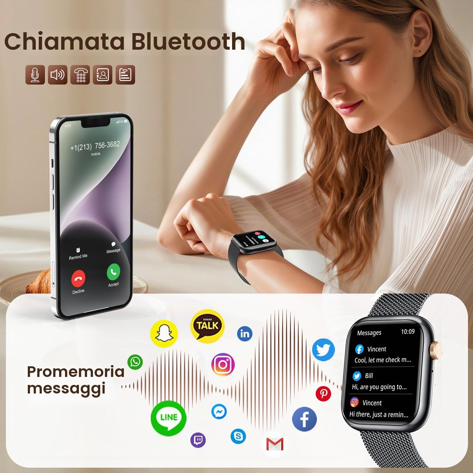 Smartwatch Donna con Effettua orologio Chiamate: 1.83" Smart Watch con Bluetooth5.2 Contapassi Sonno 123+ Modalità Sportivo Fitness Tracker IP68 Impermeabile WhatsApp Notifice Compatibile Android iOS