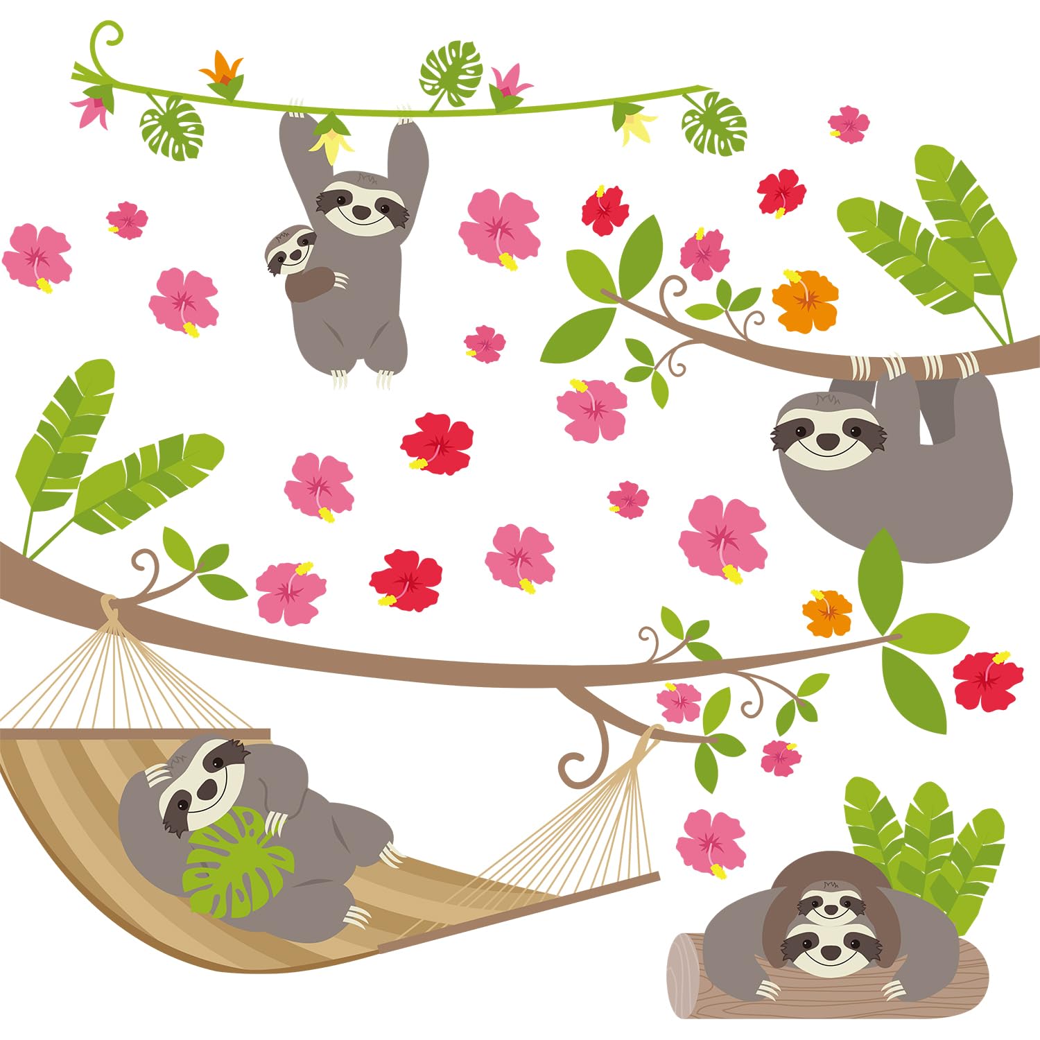 Removable Tropical Sloth Wall Decals - 2 Sheets (12x36 In), DIY Vinyl Stickers For Kids Bedroom, Nursery, Playroom