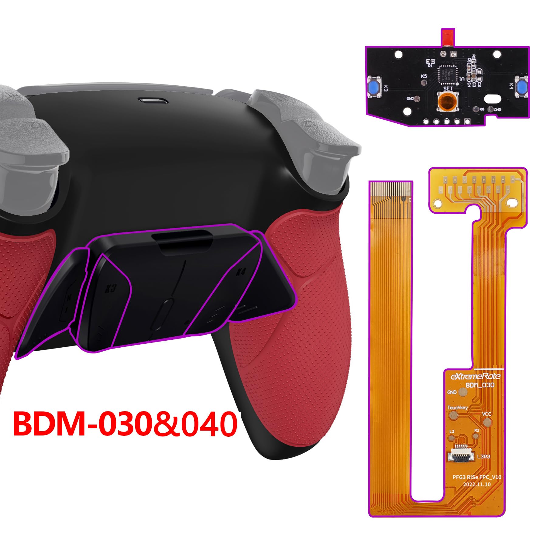 eXtremeRate Goma Grip Programable RISE4 Remap Kit para ps5 Mando Modelo BDM-030/040/050 Actualización Board&Carcasa Trasera&4 Palancas Botones para ps5 Control-NO Incluye Mando(Rojo)