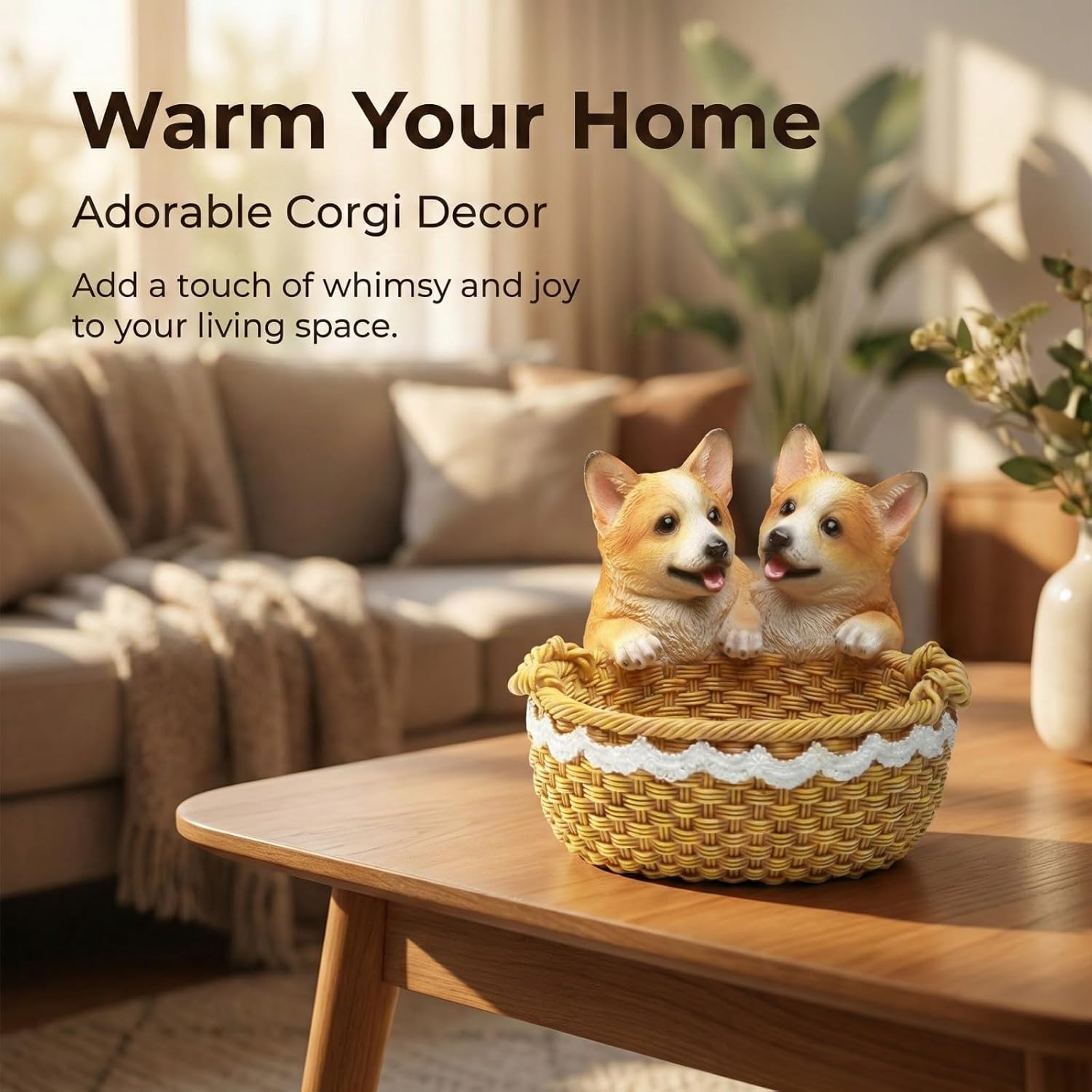 Creative Fruit Basket,Corgi Dog Figurines,Cute Puppy Statue,Home Decor,Desk Organizer,Storage Basket,Gift for Corgi (Khaki)