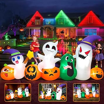 8 FT Halloween Inflatables Blow up Outdoor Decoration, Inflatable Ghost with Pumpkin Led Light Inflatables Outdoor Decor Blow up Inflatables for Holiday Party Lawn Yard Garden Decor