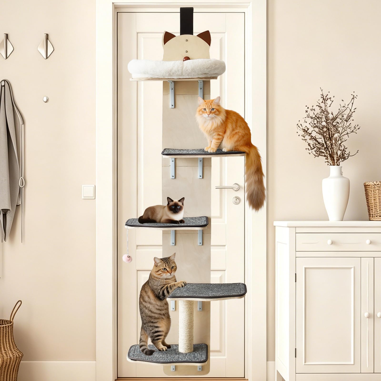 5‑stufiger Tür‑Kletterbaum für Katzen – Vertikaler Katzenbaum mit vollflächig textilbezogenen Plattformen und Kratzbaum für kleine bis mittelgroße Katzen