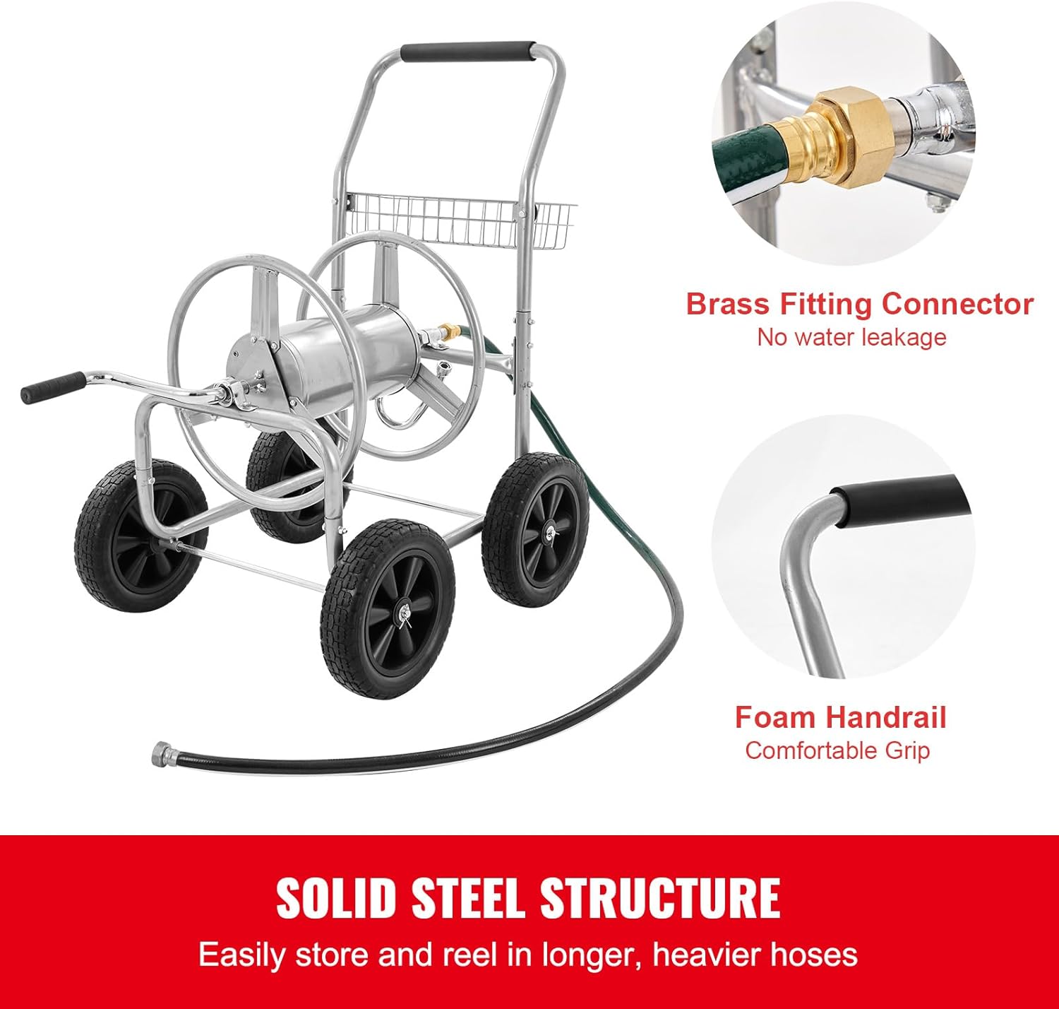 Hose Reel Cart: Holds 300 ft of 5/8" Hose, 4-Wheeled Mobile Garden Tool with Storage Basket, Heavy Duty Steel for Yard, Lawn, Garden
