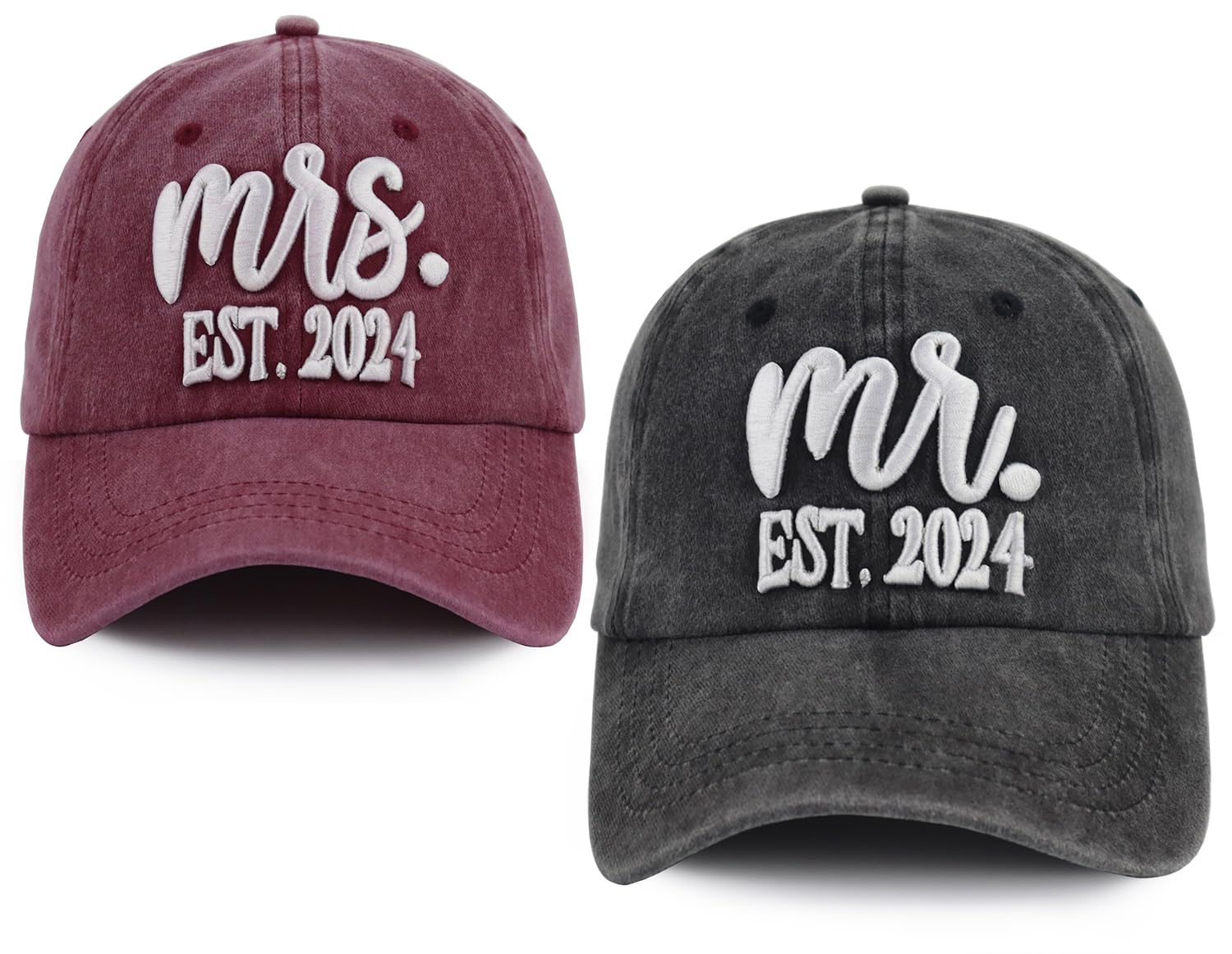 Fxbwhtey2 PCS Mr and Mrs Est 2024 Hats for Men Women, 3D Embroidered Adjustable Cotton Couples Gifts Baseball Cap
