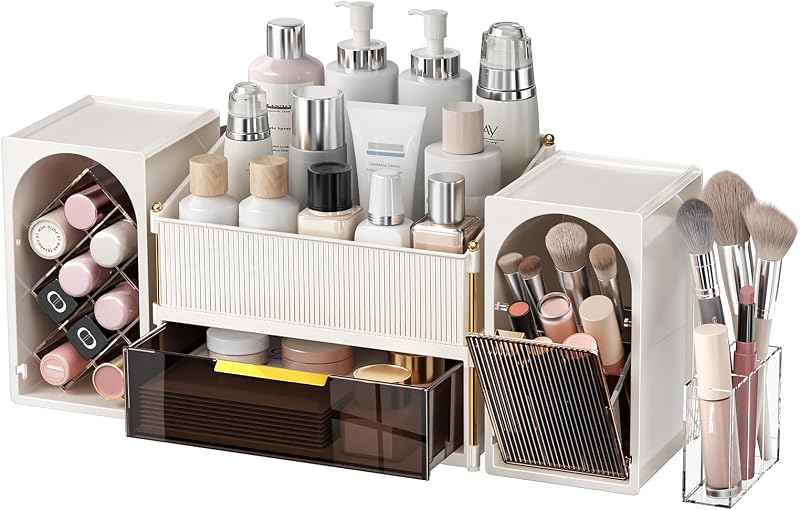 Organizador empilhável de maquiagem INVSSENE para bancada, com gaveta e compartimentos, 3516 White+Coffee