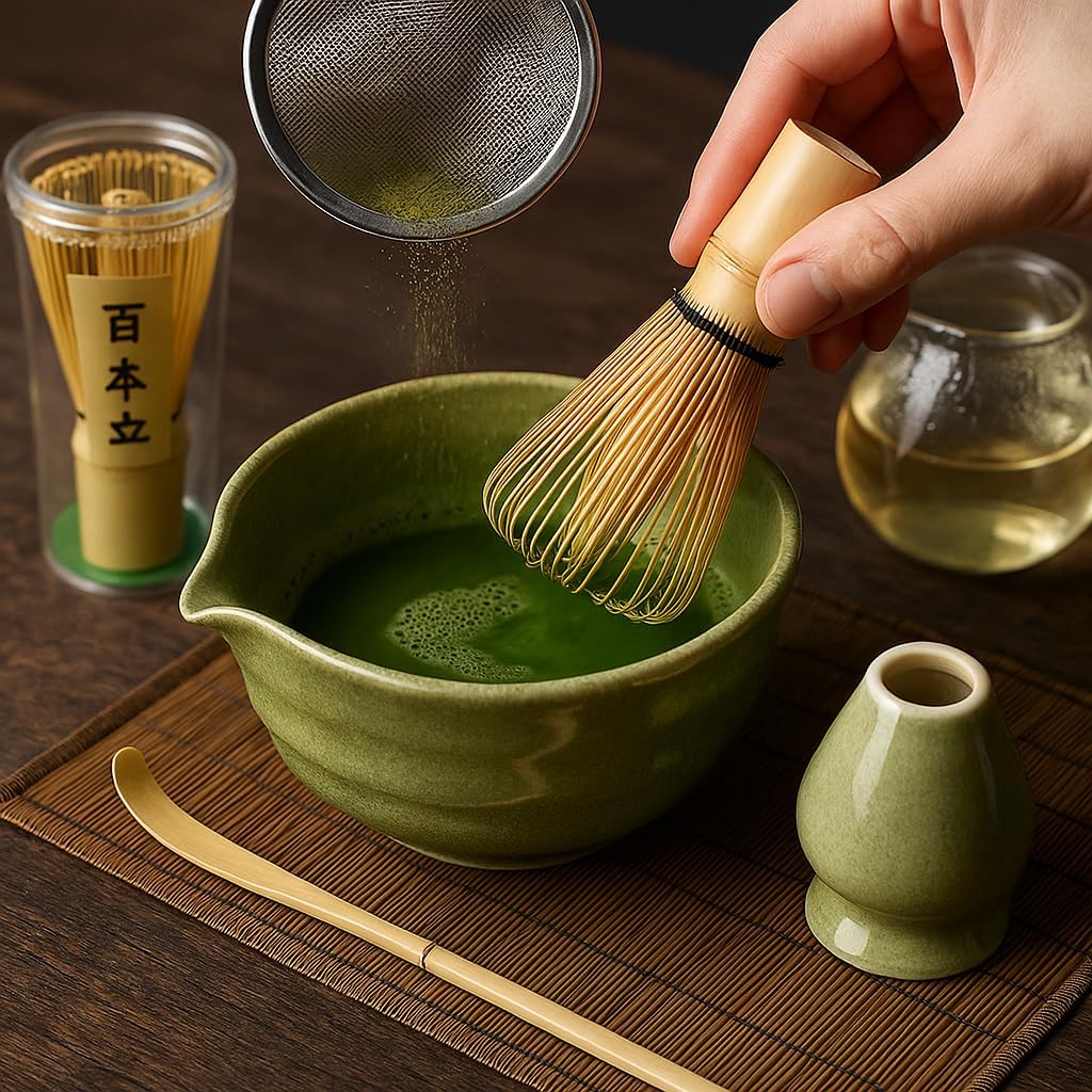 7pc Matcha Tea Set – 7pc Japanese Matcha Whisk Set with Bowl & Spout, Bamboo Whisk, Scoop, Sifter, Spoon Holder & Towel – Matcha Starter Kit & Gift Set (Matte Green)