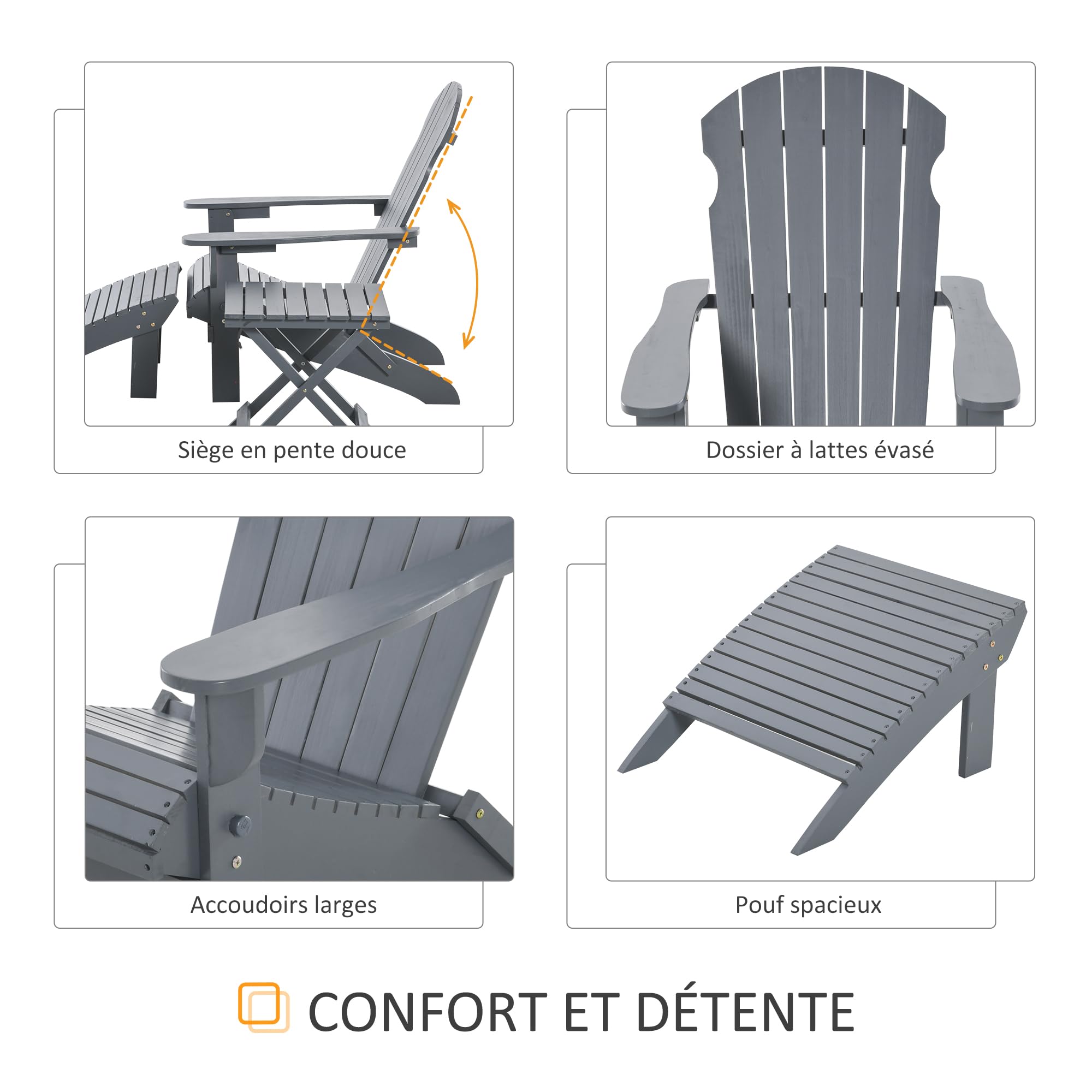 Outsunny Fauteuil de Jardin Adirondack Pliable, avec Table Basse et Repose-Pied, en Bois Massif traité Gris