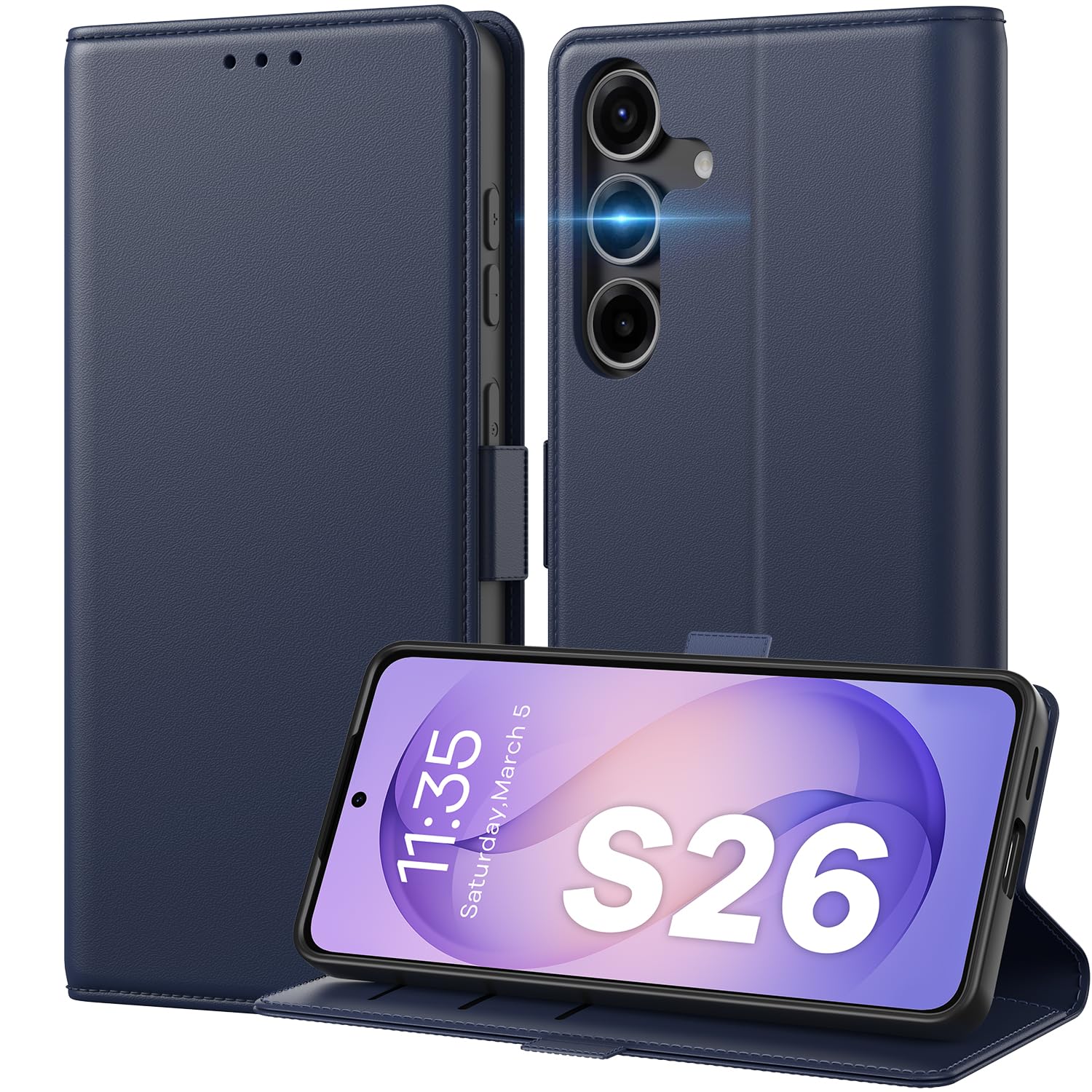 Peakally Handyhülle für Samsung Galaxy S26 Hülle [3 Kartenfach] [Unterstützt kabelloses Laden] [RFID-Blockierung] Standfunktion PU Leder Klapphülle kompatibel mit Galaxy S26, Blau