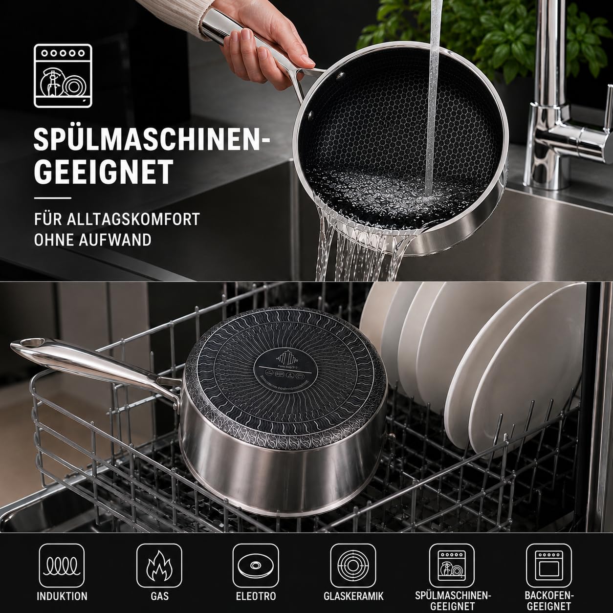 Stielkasserolle mit Deckel, 20 cm/2L, antihaftbeschichtet, für Induktion, Kochtopf mit Ausgießer, kühlbleibender Griff, kratzfest,