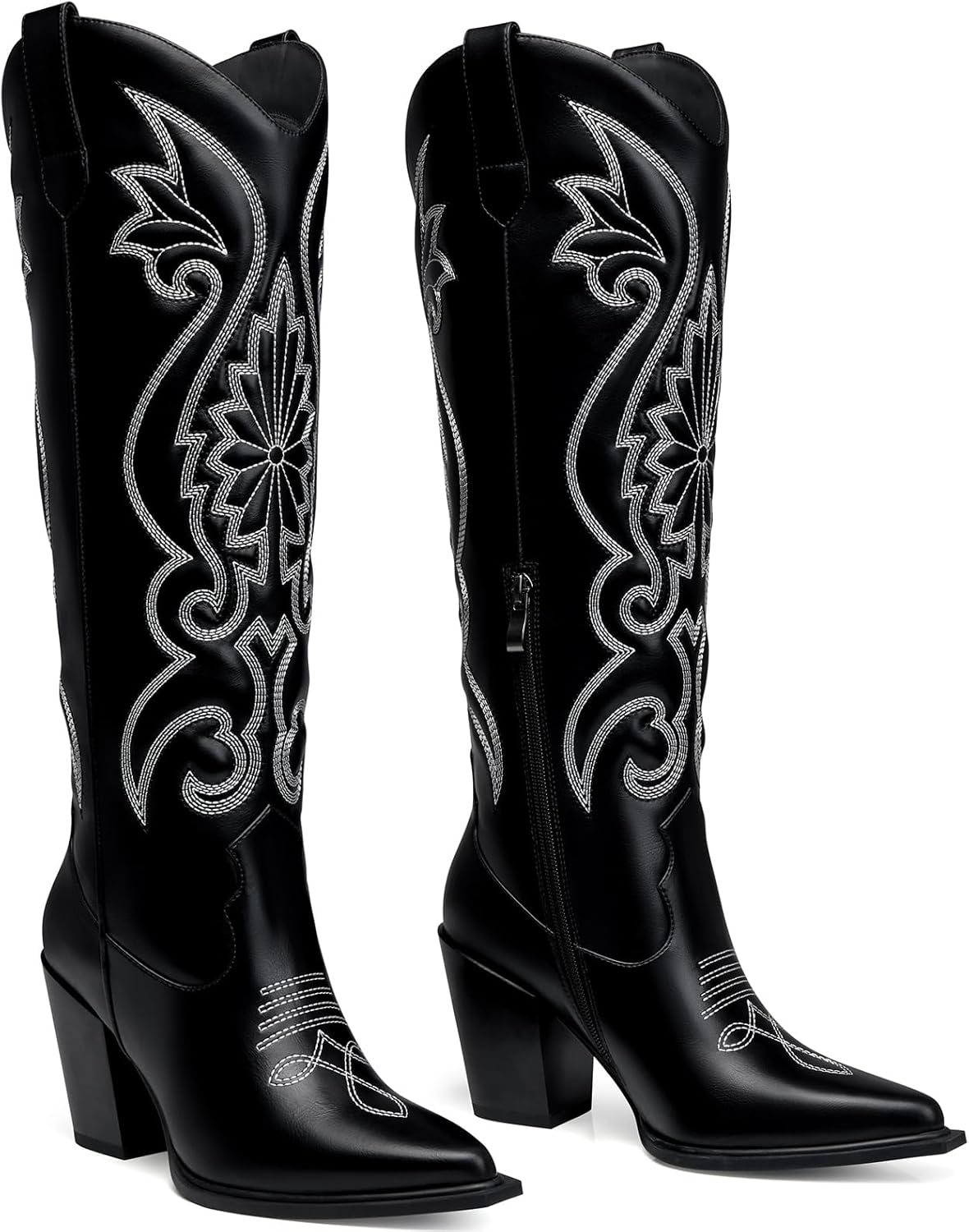Women High Cowboy Boots: 3.5 Inch Chunky Heels Cowgirl Boot, Pointed Toe Trendy Knee High Boots, Wide Calf Comfortable Embroidered Western Tall Boots Size 6-11
