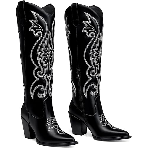 Women High Cowboy Boots: 3.5 Inch Chunky Heels Cowgirl Boot, Pointed Toe Trendy Knee High Boots, Wide Calf Comfortable Embroidered Western Tall Boots Size 6-11