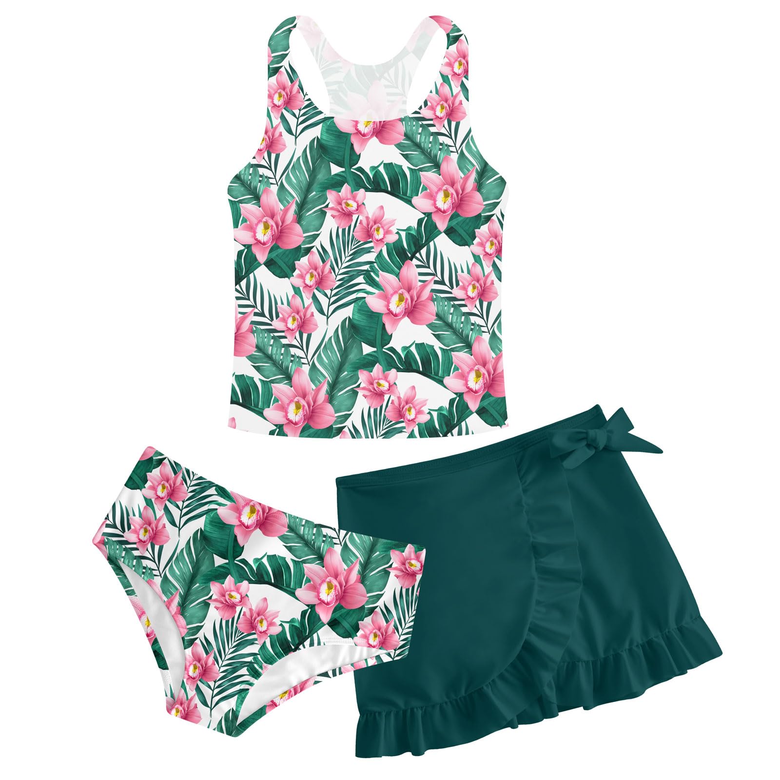 Girls Swimsuits 3 Piece Tankini Bathing Suit Set Cute Bikini Swimwear with Cover Ups Beach Skirt 5-16 Years