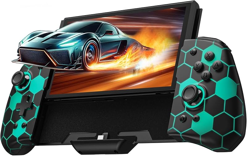 Controller cu iluminare PALPOW, joypad dintr-o singură piesă pentru Nintendo Switch OLED, RGB, turbo, mapare, model fagure, negru