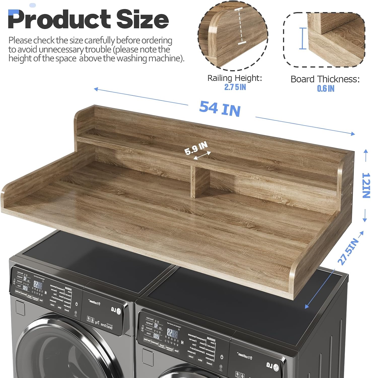 2-tier washer and dryer countertop with 2.75" h guard,54" w x 27.5" d laundry countertop cover with non-slip pad,large space laundry topper for folding clothes over washer and dryer-white oak standard-2 tier (54"wx27.5"dx12"h) white oak