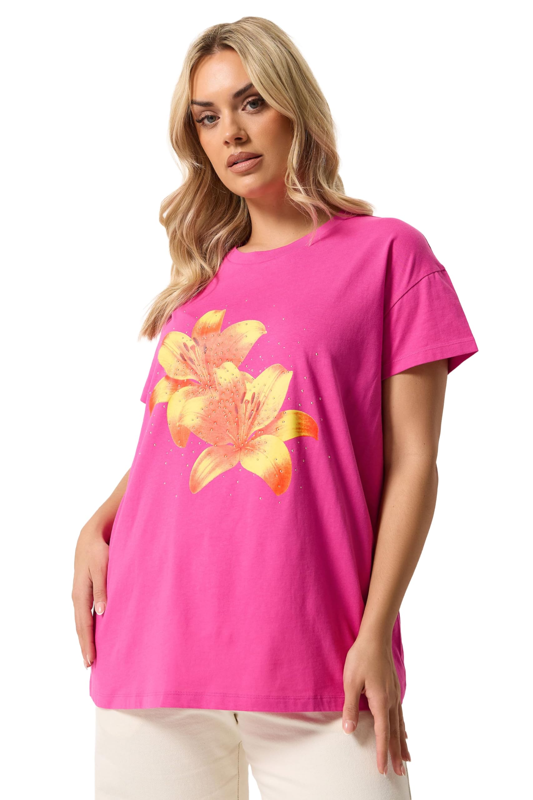 Yours Women's Pink Flower Graphic T-Shirt In Size 26-28