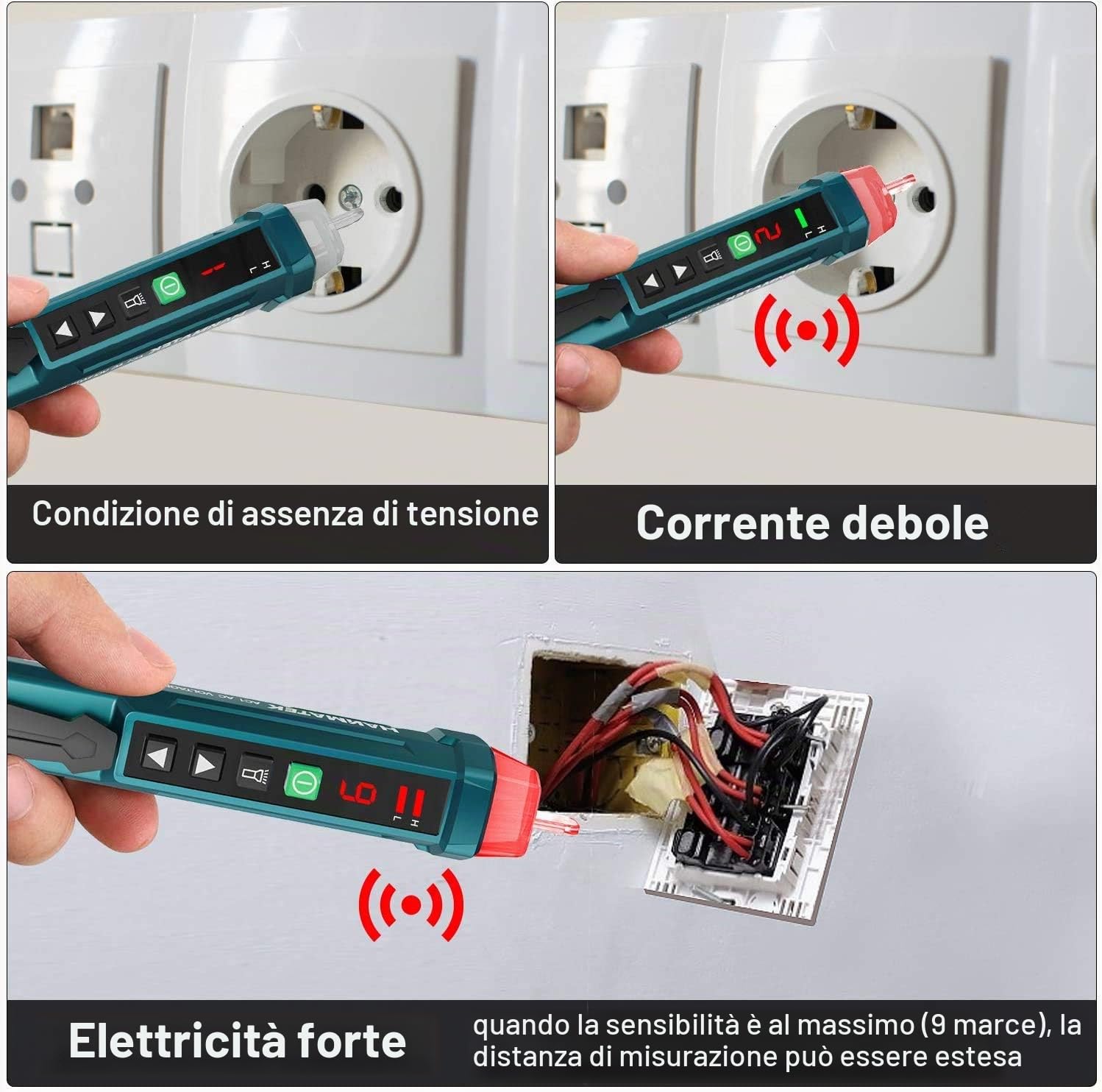 Rilevatore di tensione senza contatto, HANMATEK AC1 Sensibilità Regolabile/Display LCD/LED Torcia elettrica/Doppia portata 12 V/48 V-1000 V
