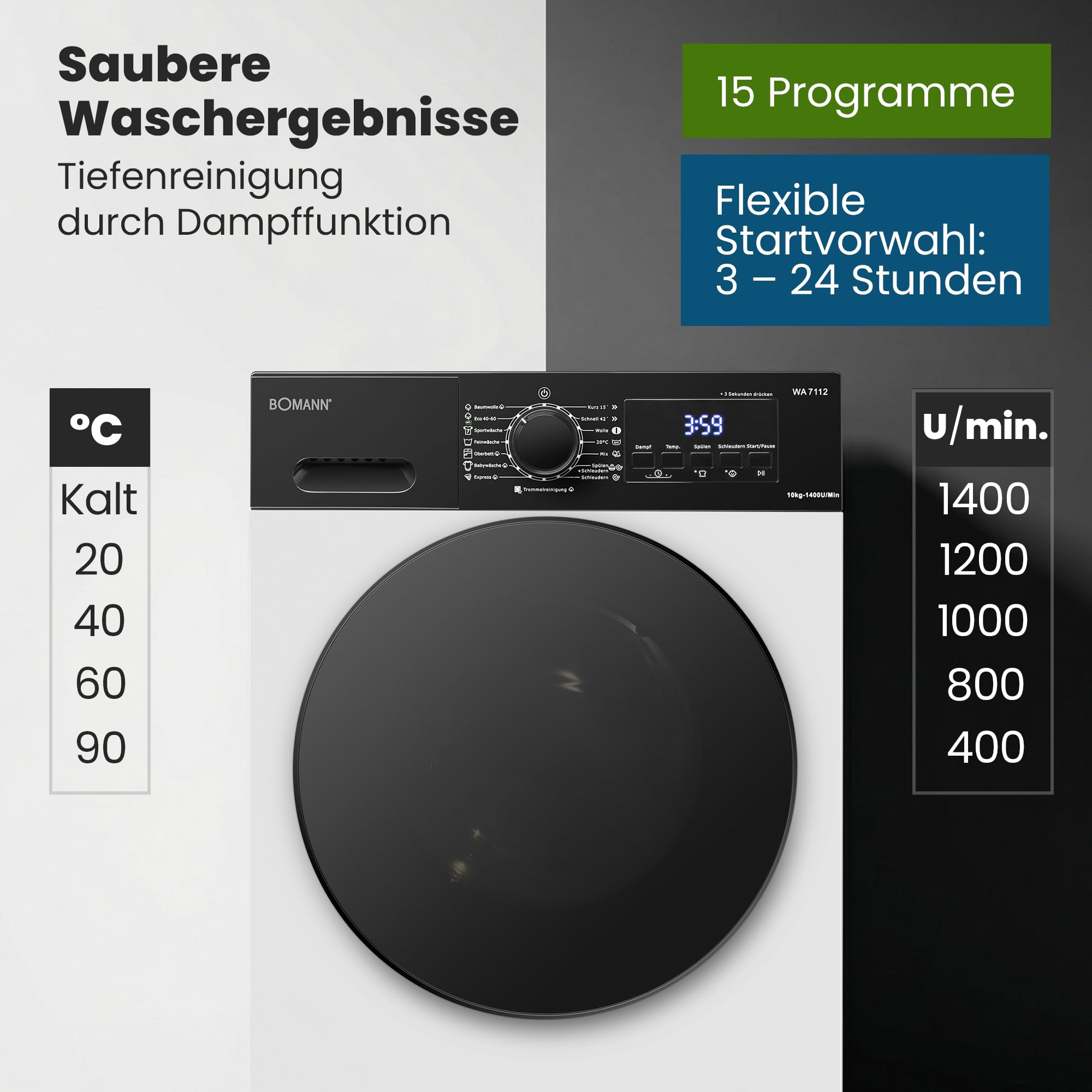 Bomann® Waschmaschine 10kg | 5 Jahre Motor-Garantie | Invertermotor - effizient, leise & langlebig | inkl. Aqua-Stop | max. 1400 U/min | 15 Programme | LED-Display | Washing Machine | WA 7112 weiß