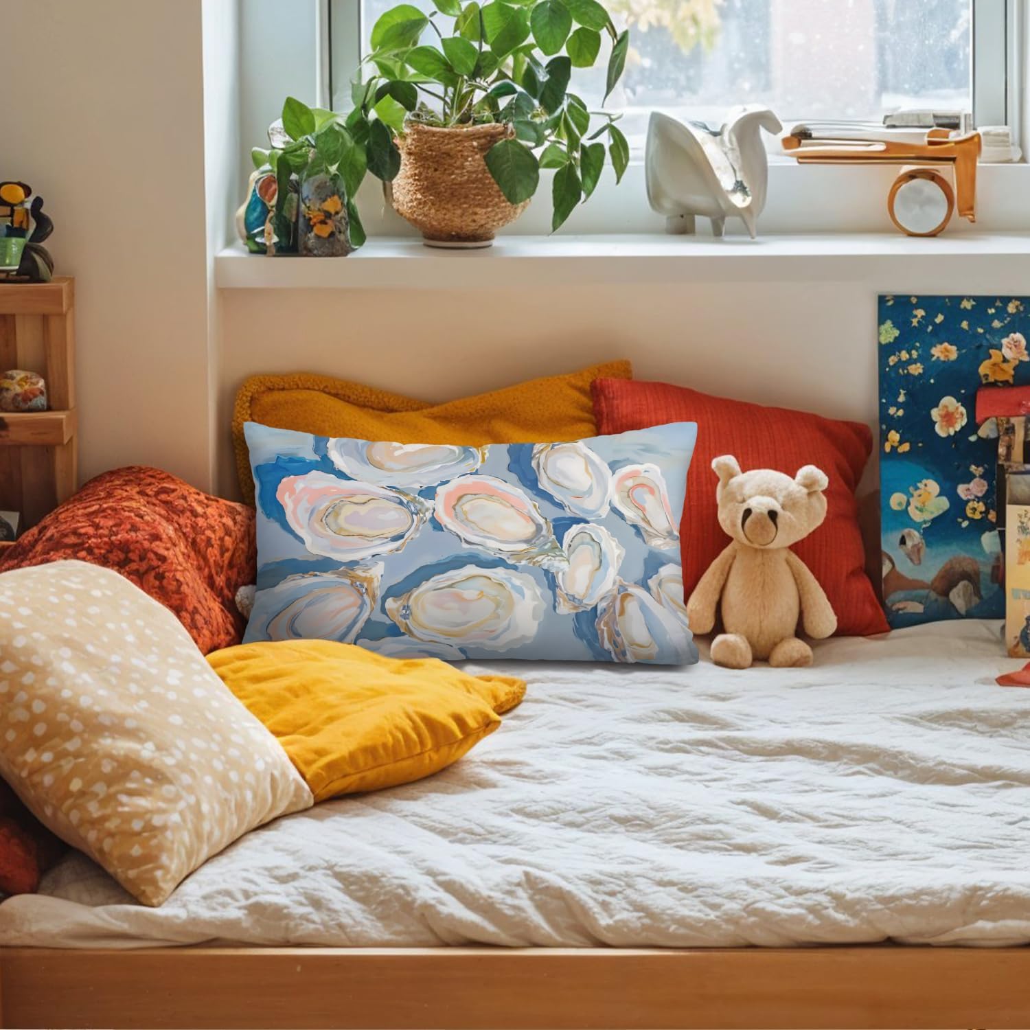 Coastal Beach Room Decor 12x20 Pillow Cover, Coastal Beach Blue Oysters Shell Decorative Lumbar Pillow Covers for Bedroom Living Room Home Dorm Sofa Couch - Image 4