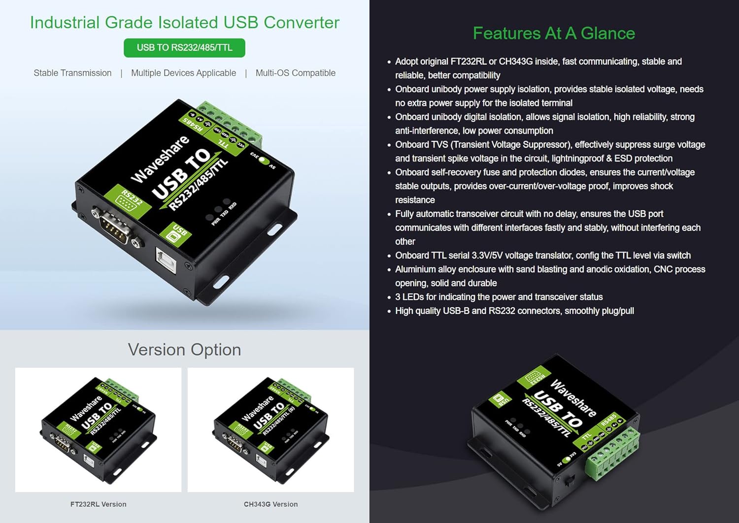 Waveshare CH343G USB to RS232/485/TTL Interface Industrial Isolated Converter Protection Circuits and Aluminium Alloy Enclosure for Industrial Control Equipments