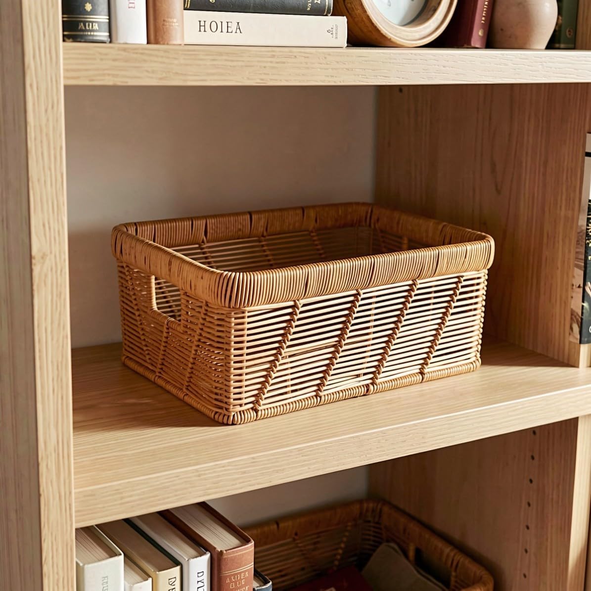 Totority Rectangular Imitation Rattan Storage Basket with Handles, Plastic