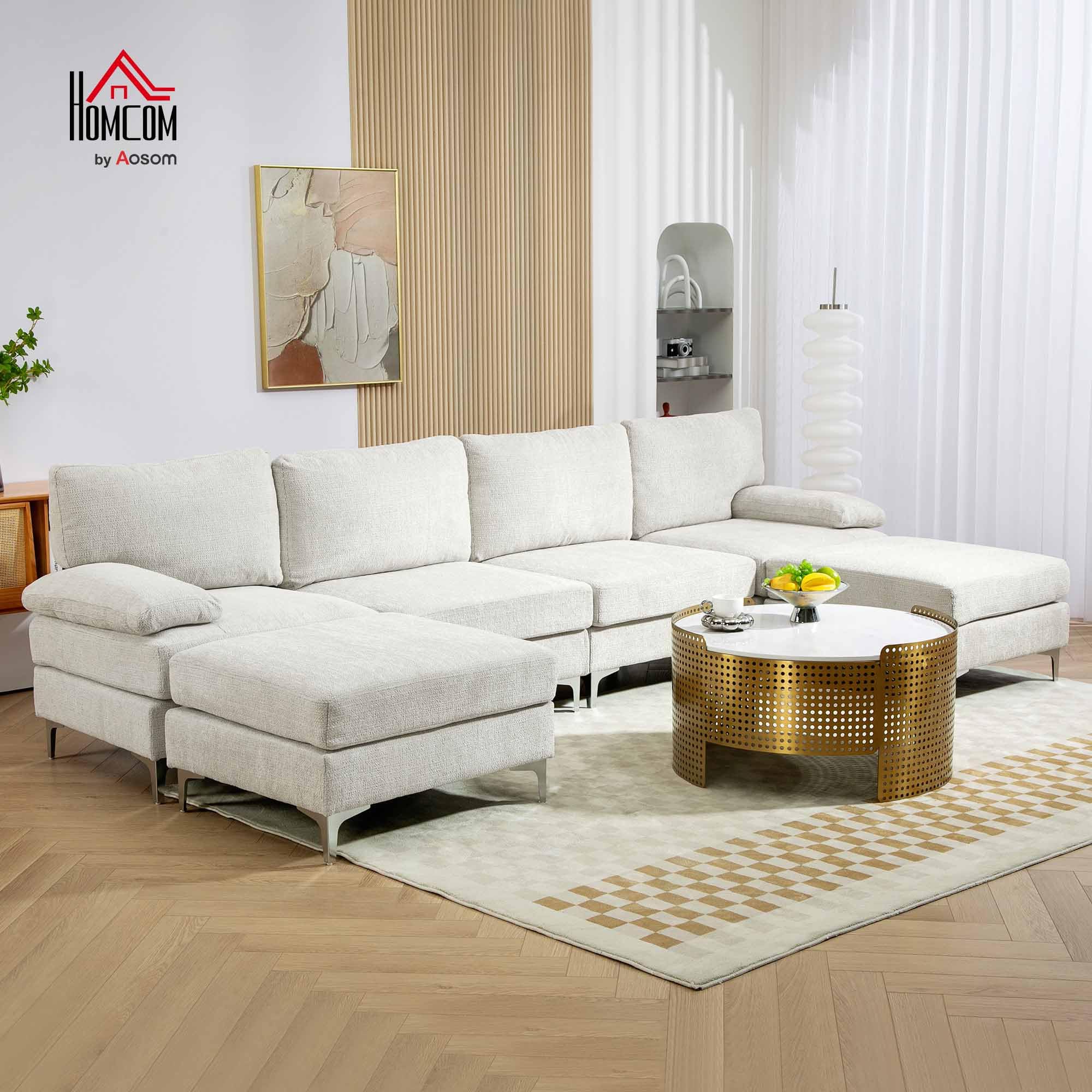 HOMCOM Divano Componibile 4 Posti con Penisola in Ciniglia Crema | 2 Poggiapiedi, Cuscini per Braccioli e Schiena, 313x149x88cm