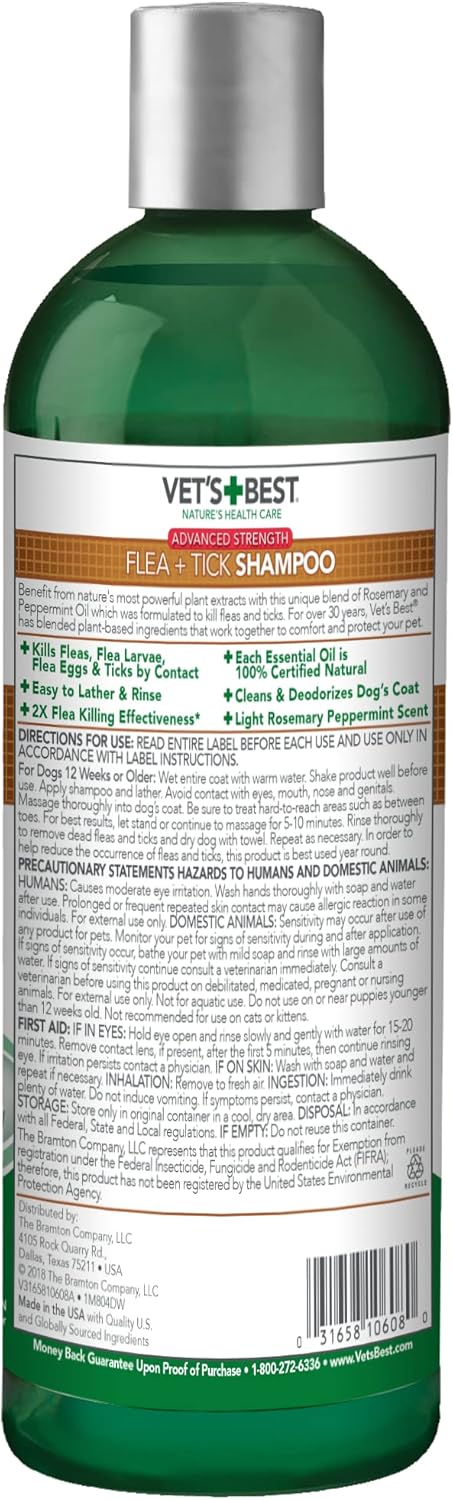 Vet’s Best Flea and Tick Advanced Strength Dog Shampoo | Flea Treatment for Dogs | Plant-Based Formula | 12 Ounces : Pet Supplies