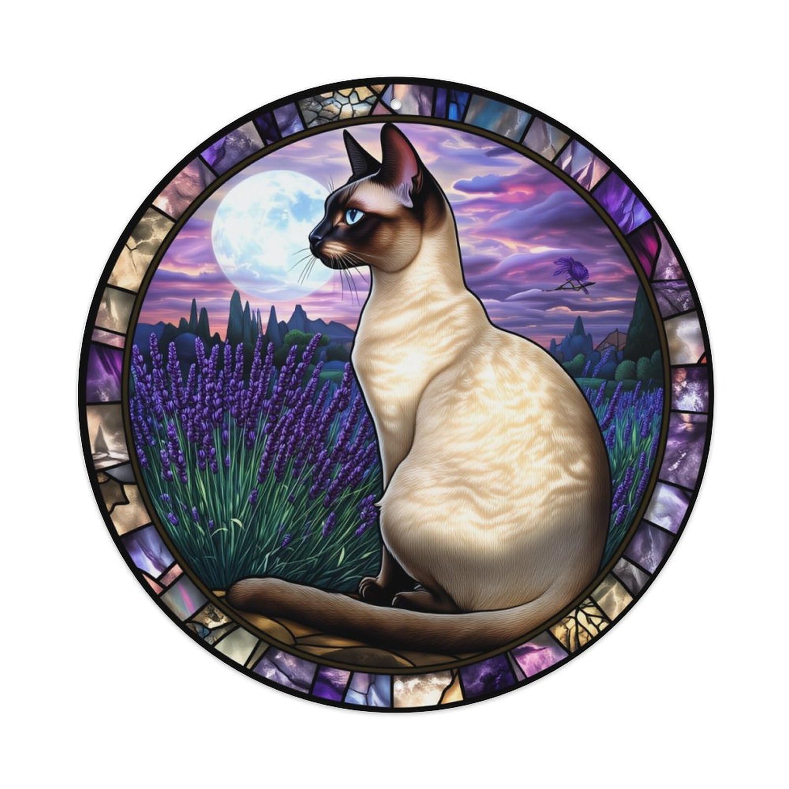 Stained Glass Cat Lavender Moon Round Tin Sign Vintage Metal Sign Home Bar Garden Indoor & Outdoor Wall Decor Retro Metal Poster 8x8 Inch