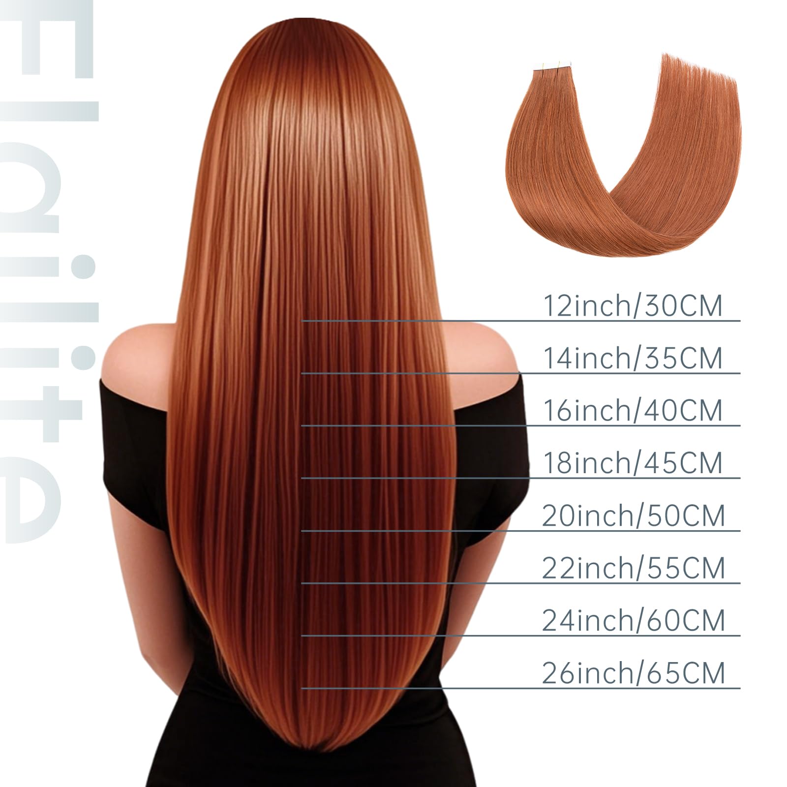 Elailite Extension Adesive Capelli Veri Biadesivo #33 Castano Ramato Scuro Tape Biadesive 20 Fasce 40cm 50g Capelli Lisci Remy Human Hair