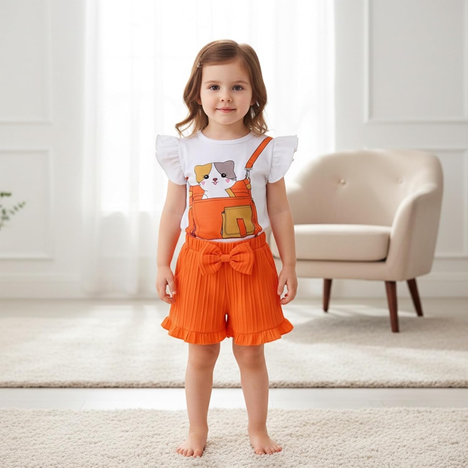 Toddler Girl Clothes Summer Outfits Ruffle Sleeve Cartoon T-Shirt Tops Casual Bow Pocket Shorts 12 Months-4 Years Old