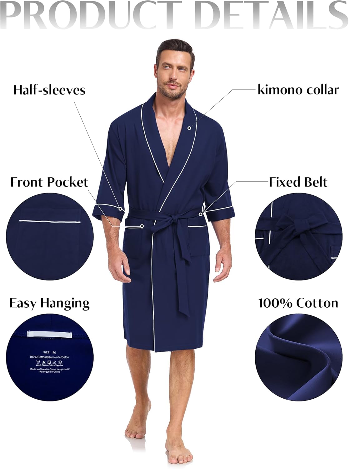 EA'S SECRET 100% Cotton Men's Lightweight Robe Summer Short Sleeve Bathrobe Soft Knee Length Robe with Pockets