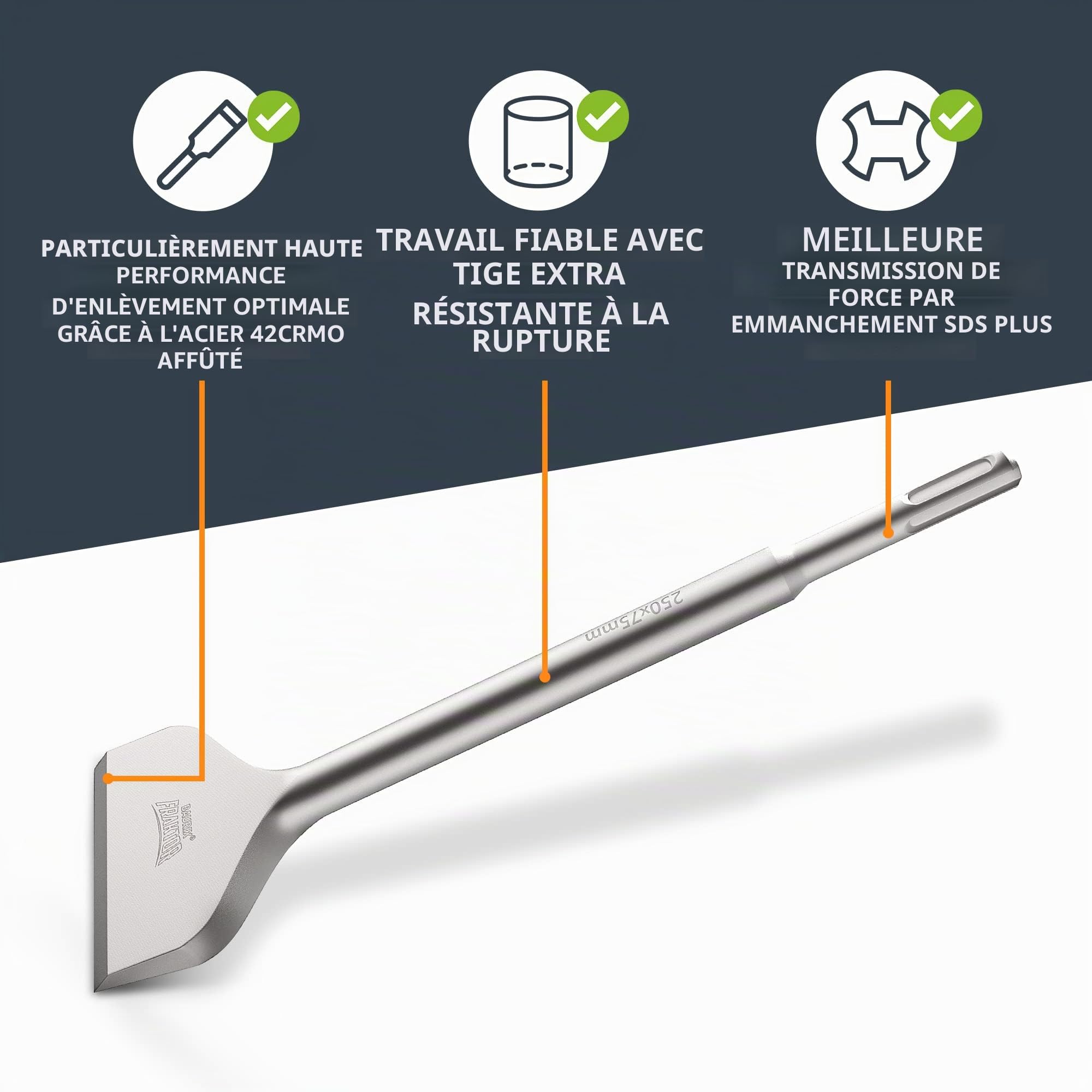 BAURIX® Burin carrelage SDS Plus [250 x 75 mm] - Système FRAKTOR® - Burin carrelage pour enlever sans effort les carreaux et les colles à carreaux - Burins SDS Plus en acier spécial 42CrMo