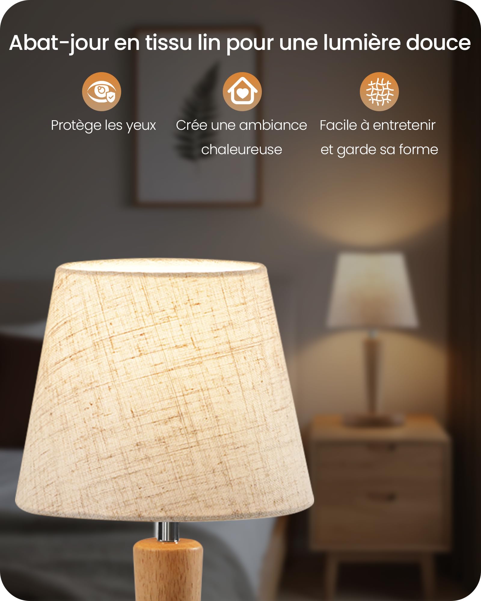 Lampe de Chevet en Bois Lot de 2, Abat-jour en Tissu Lin Beige, 3 Températures de Couleur, avec Fonction Mémoire, Ampoules LED E27 Incluses, pour Chambre, Salon, Bureau