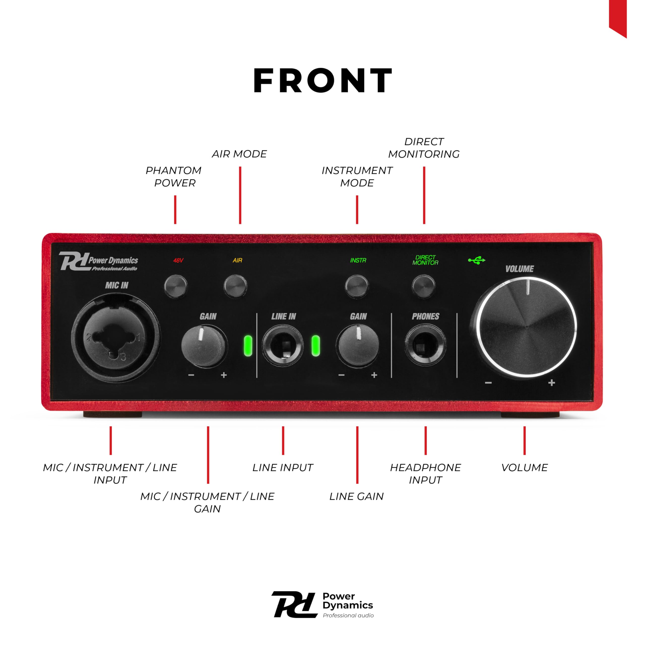 Power Dynamics PDX11 - Interfaccia audio USB - Alimentazione phantom 48 V, cavo USB-C incluso, 2 ingressi Micros/strumenti, 1 uscita cuffie, ideale per musicisti, compositori e Home Studio