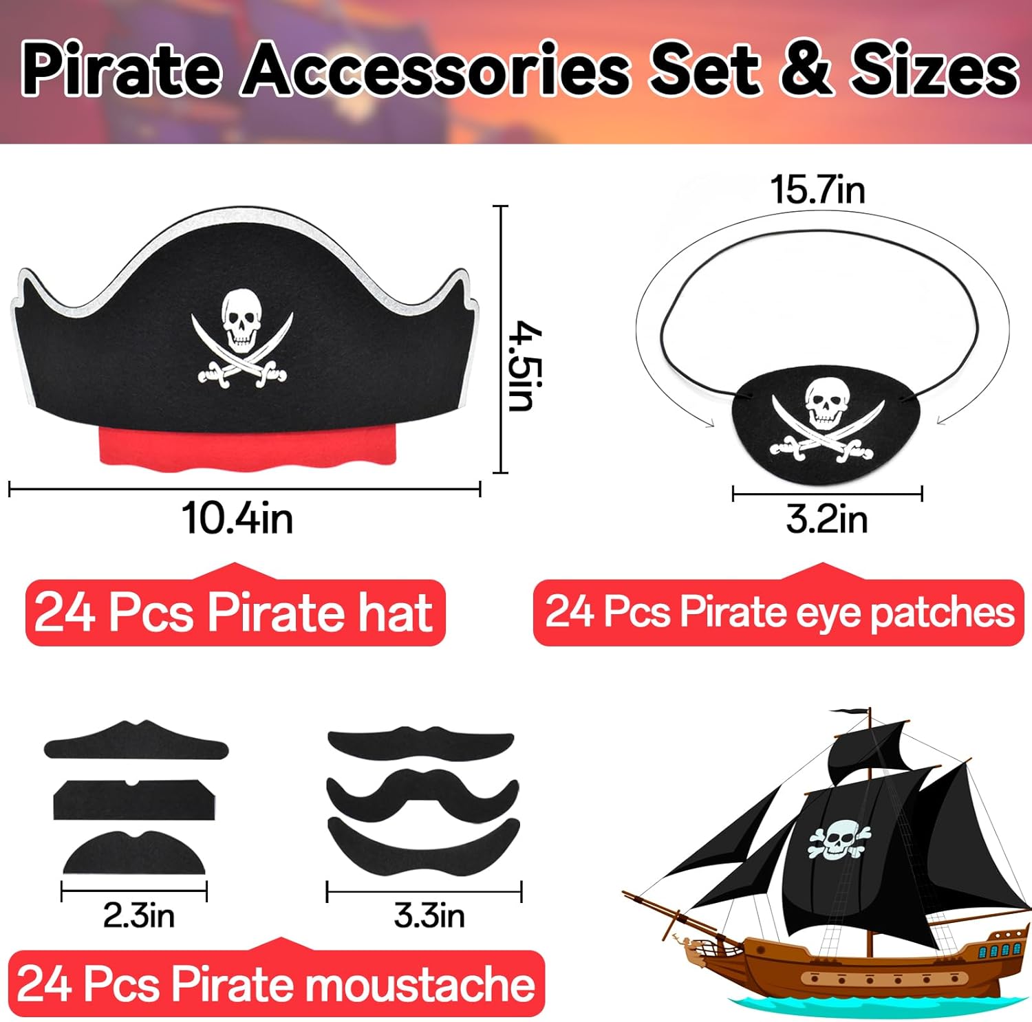 Halatool 72 Pcs Pirate Accessories for Kids – Party Set for 24 People with Soft Felt Hats, Eye Patches & Mustaches, Pirate Costume for Halloween, Birthday, School Plays, Stage, Party Favors