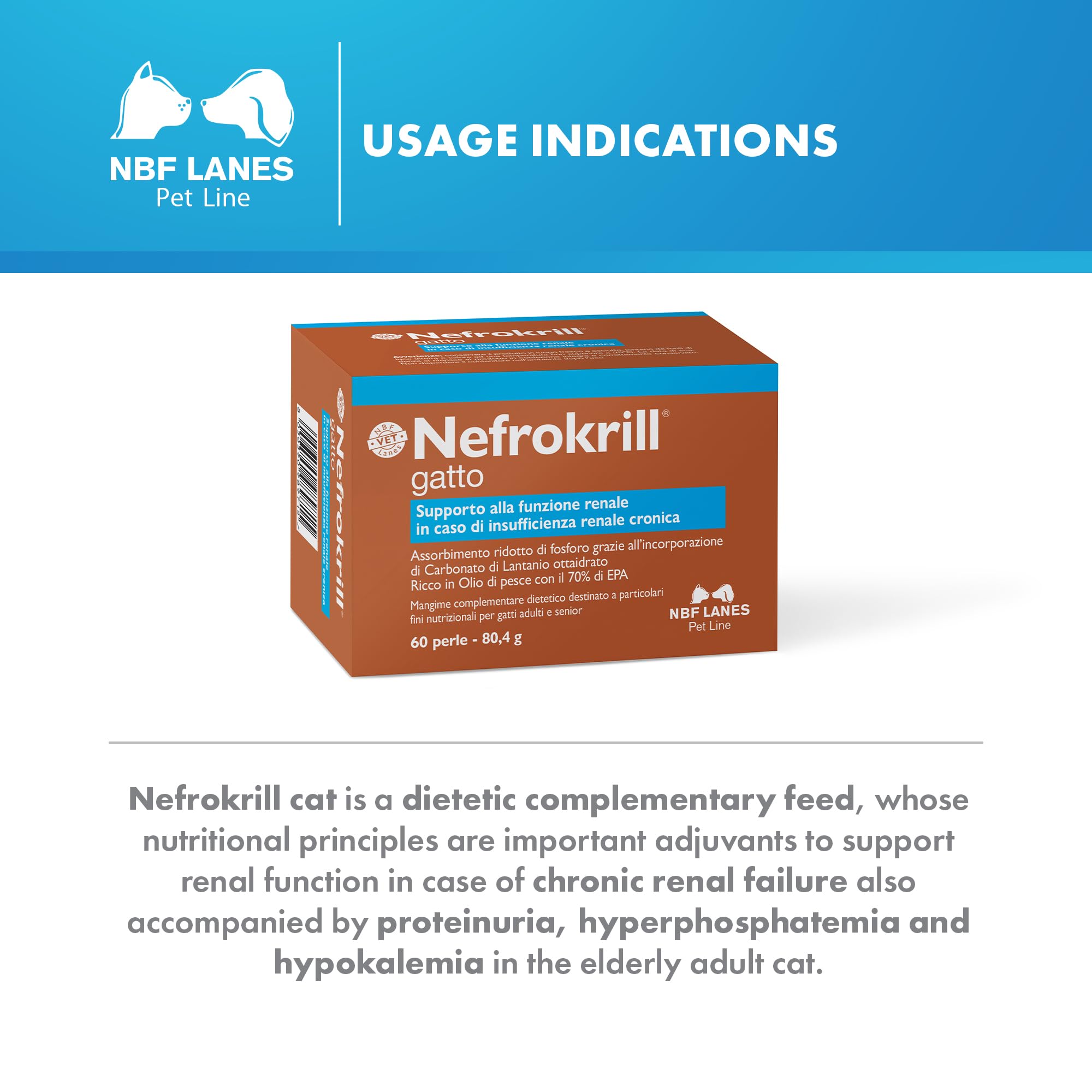 NBF Lanes | Nefrokrill Gato, 60 perlas Softgel, apoyo a la función renal en caso de insuficiencia renal crónica, para gatos adultos y mayores