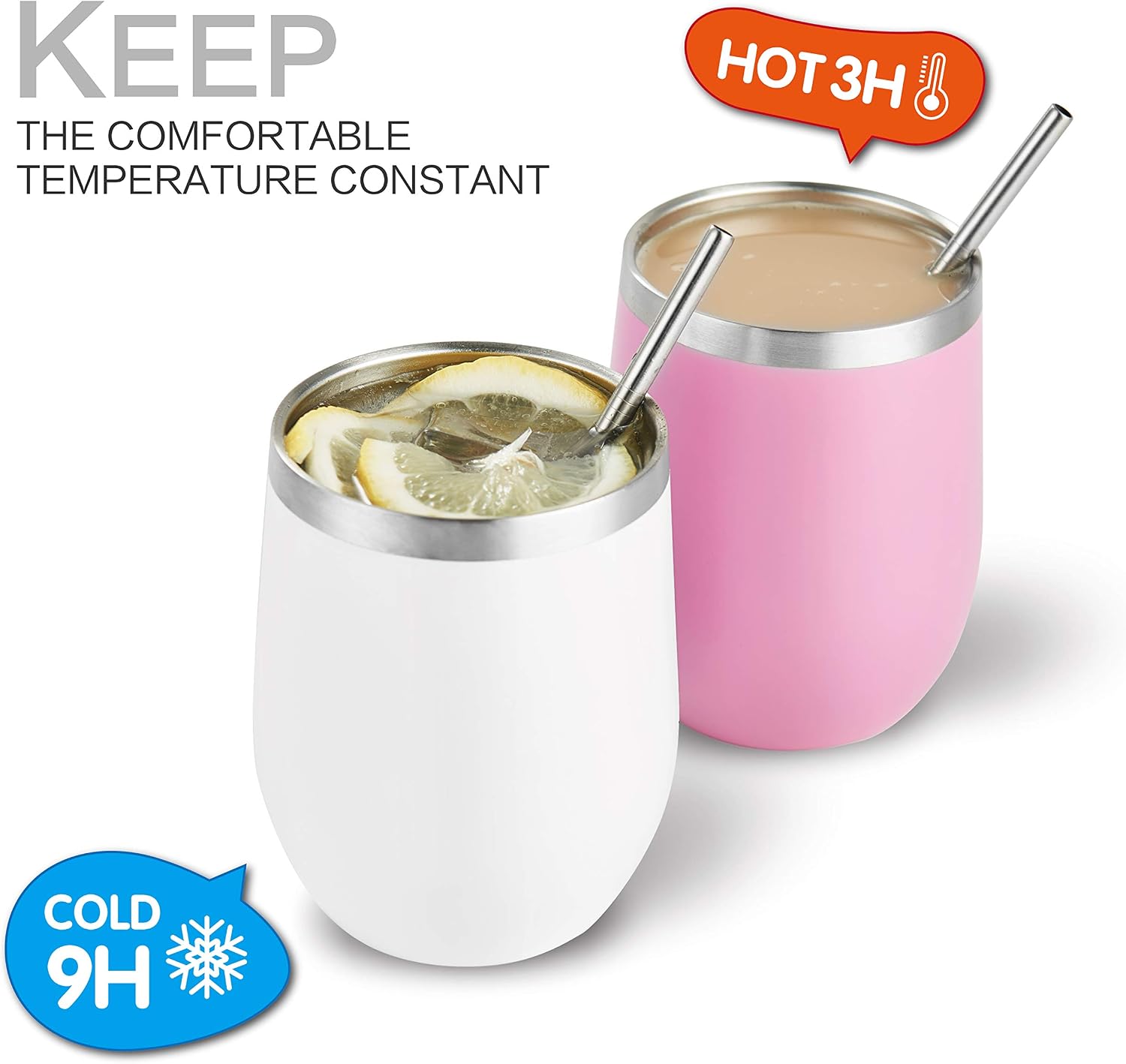 Black Friday - 40% OFF HITSLAM Wine Tumbler 12oz Stainless Steel Tumbler Vacuum Insulated Wine Glass Double Wall Coffee Mug for Champaign, Beer, Office use includes Straw Lid, Straw, Cleaning Brush (Pink)