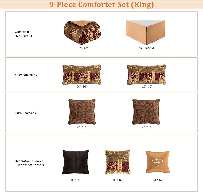 Loom and Mill 9-Piece Traditional Patchwork King Comforter Set, Red Gold image 2