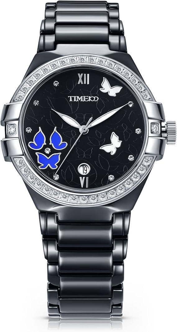 Amazon Time100 セラミック腕時計レディース 女性 ファッション 防水 ステンレス 蝶柄 ダイヤモンド付き Wl 01a ブラック レディース腕時計 腕時計 通販