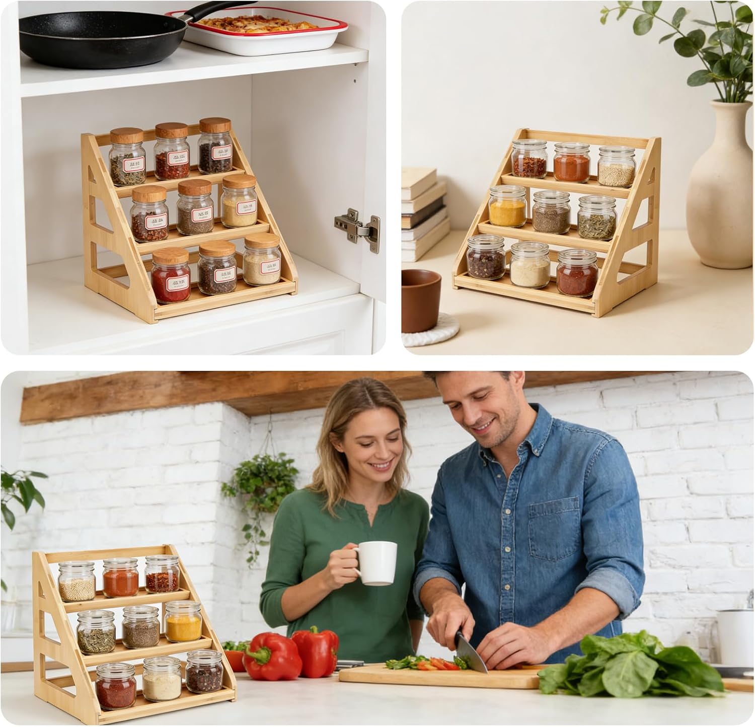 Tiered Spice Rack - Bamboo Spice Organization for Cabinet, 3-Tier Countertop/Kitchen Storage Shelf with Jars, Space-Saving Organizer
