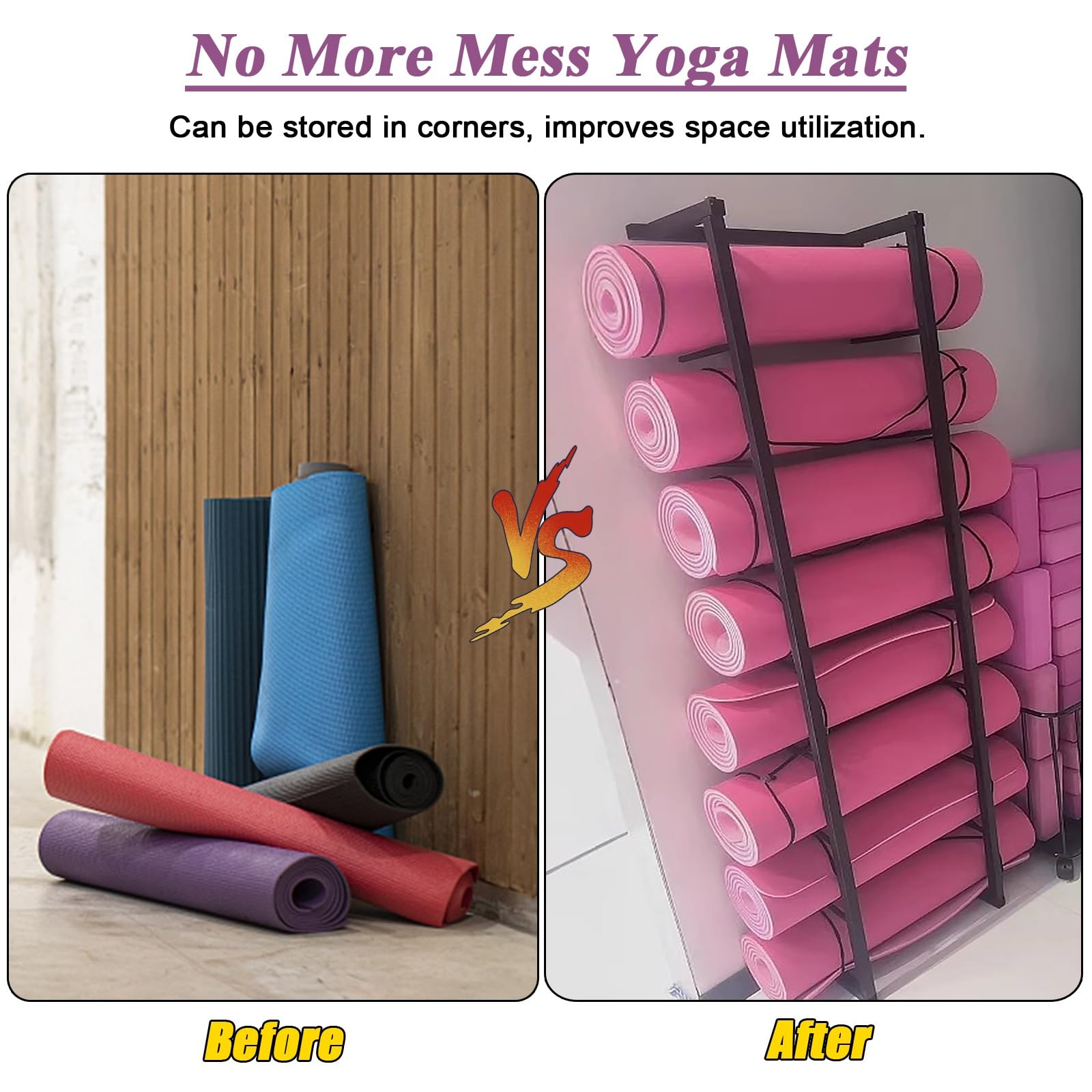 Soporte para Esterilla de Yoga, Resistente Soporte de Pared Negro para Esterilla de Yoga, Estante de Almacenamiento de 7 Niveles para Rodillos de Espuma y esterillas de Ejercicio, Ideal para