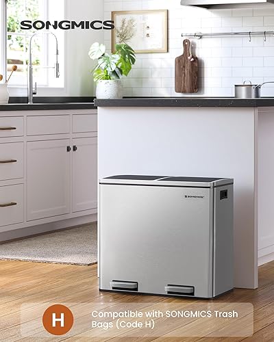 Miniatura 2 de SONGMICS Bote de basura, 2 botes de basura doble de 6.3 galones (2 x 24 litros), cubo de reciclaje de pedal con tapas y cubos interiores para