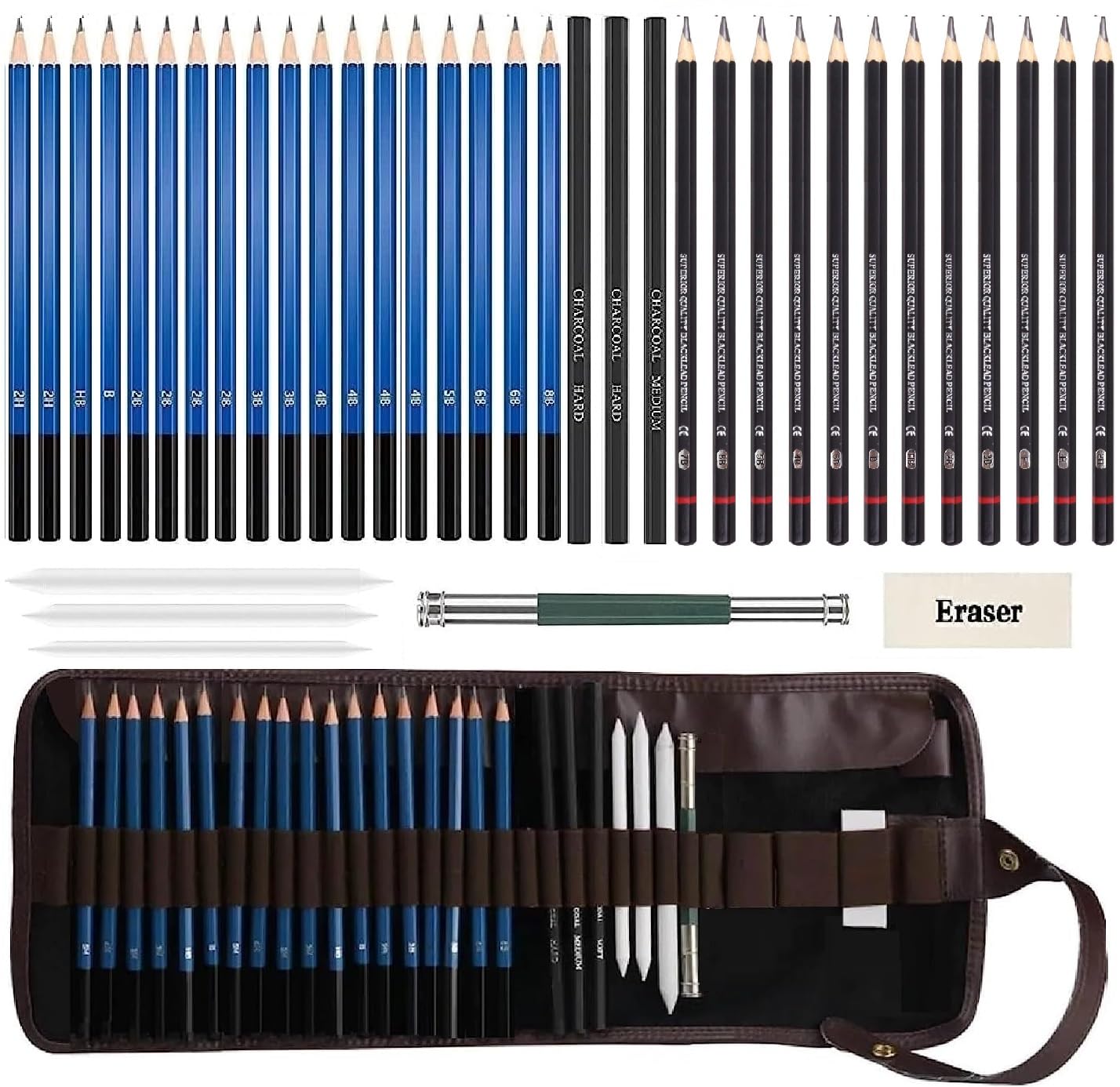 Corslet Set of 41pc : 29pc Professional Drawing Pencil Set with 12pc Graphite Sketch Charcoal Pencils, Blending Stumps, Eraser & Extender Artist Sketching Kit with Roll-Up Case for Artist & Beginner