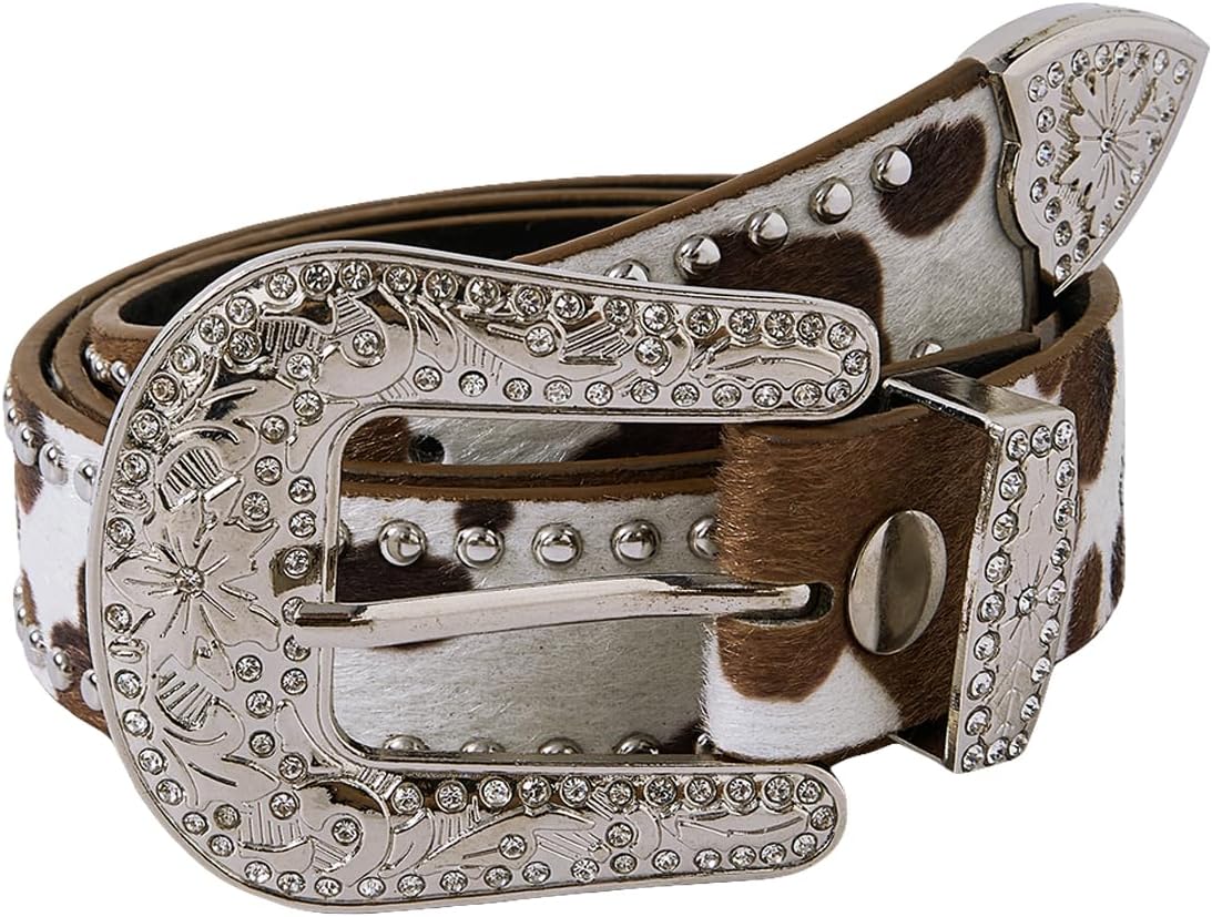Women's Cow Print Buckle Belt Western Leather Belt Cowgirl Waist Belts
