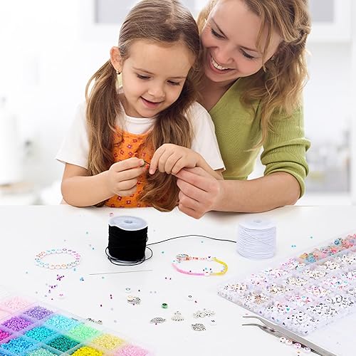 Miniatura 7 de QUEFE 15000 cuentas de arcilla de 144 colores para hacer pulseras con 2 rollos de cuerda elástica resistente de 0.039 in, cuentas heishi de polímero