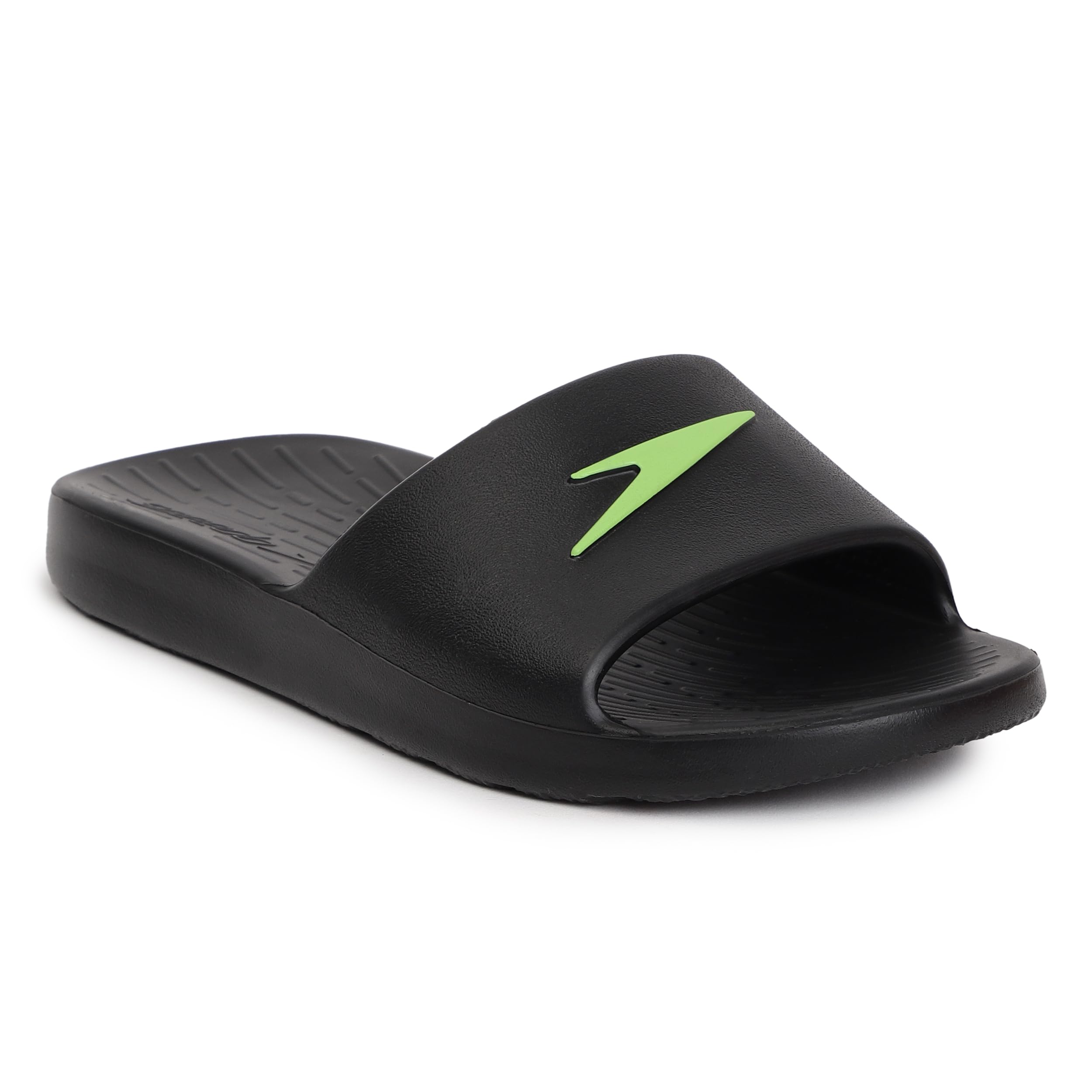 Speedo Unisex Junior's Single Colour Slides for Boys and Girls - Black & Atomic Lime 2