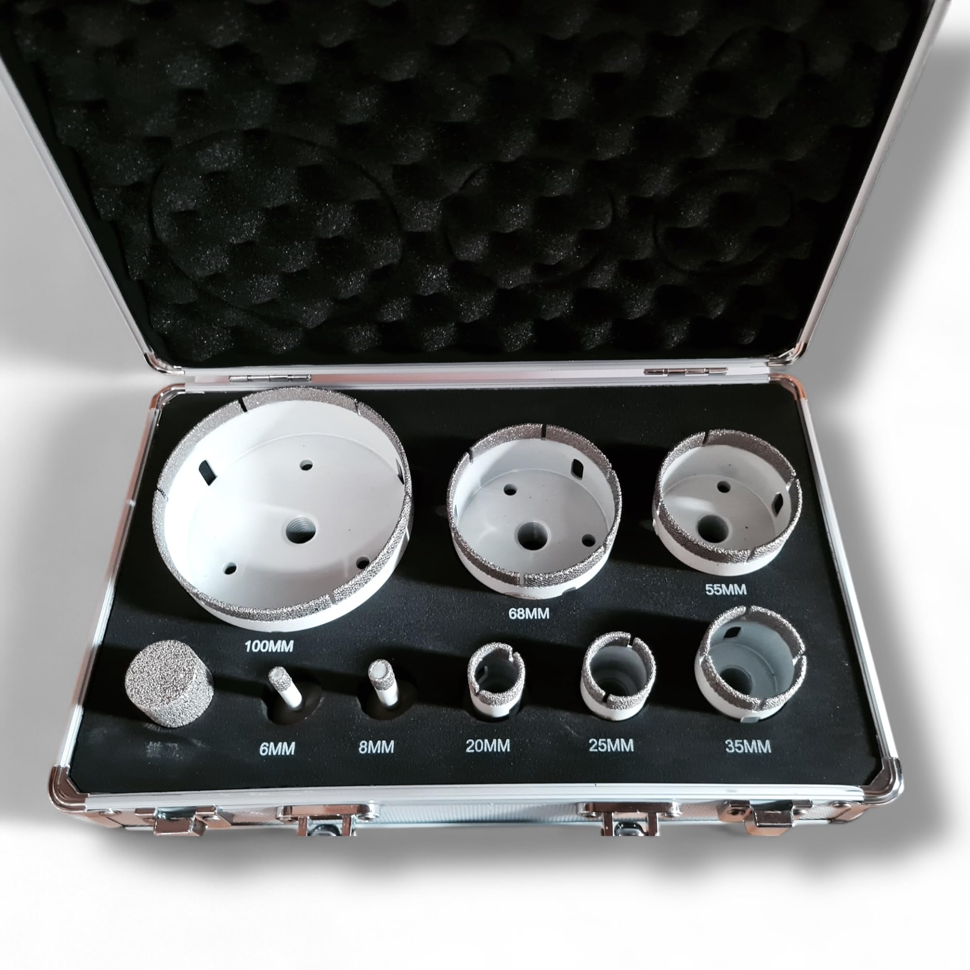 Kit de coronas/brocas diamantadas brasadas 9 piezas (Ø6-100 mm) con maletín – Para porcelánico, mármol y piedra – Outillage Carreleur 2.0
